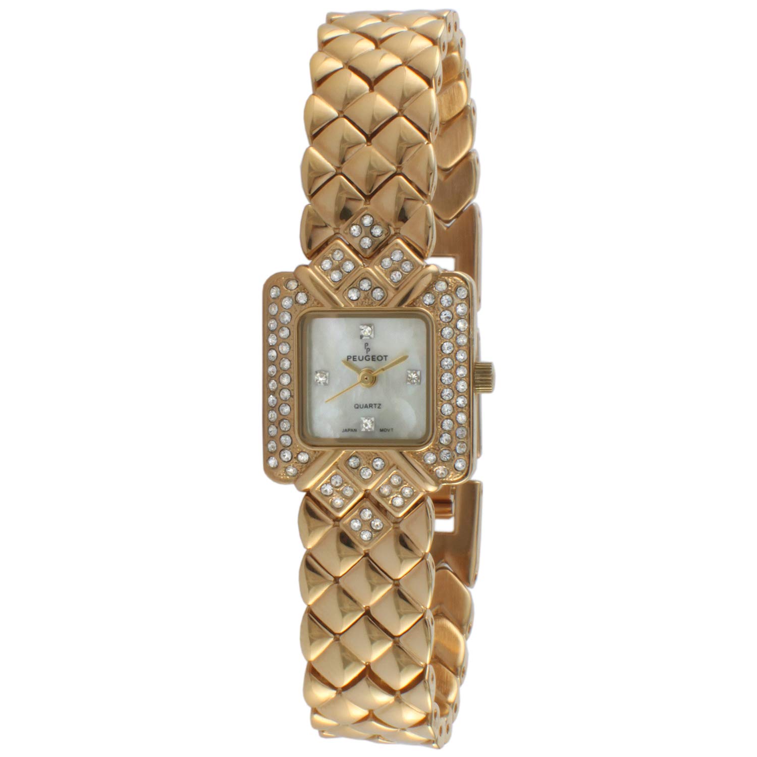Peugeot Ladies Gold-Tone Bracelet Watch with a Swarovski Crystal Encrusted Square Bezel and a self Adjustable jewelery Style