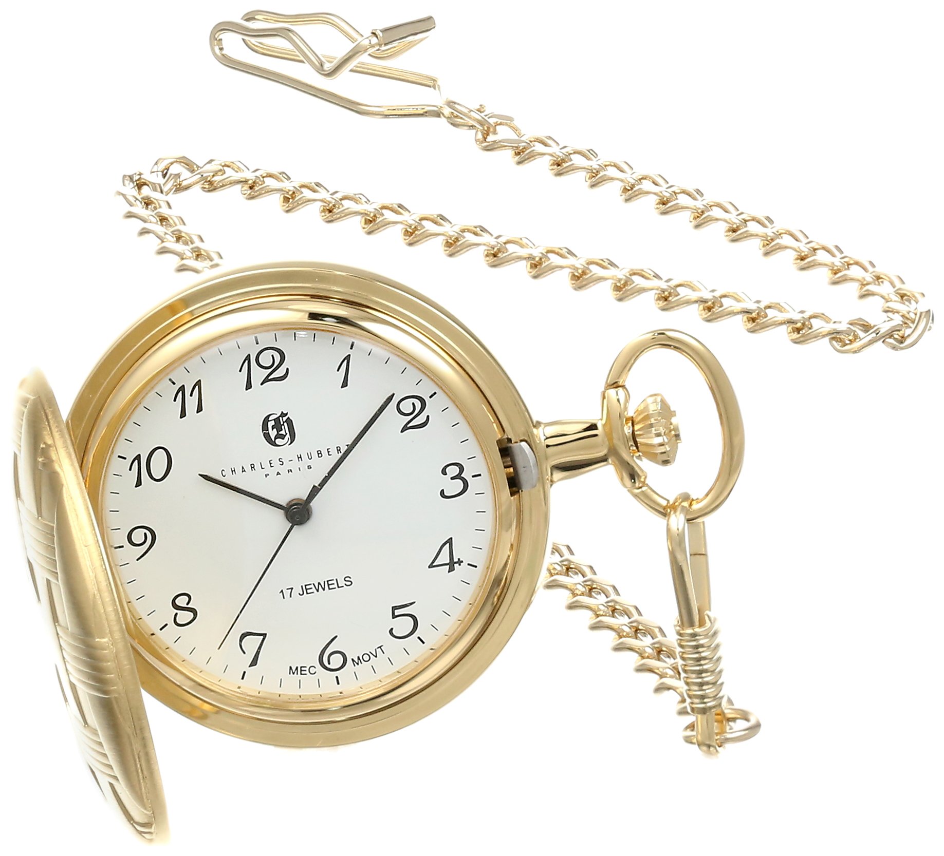 Charles-Hubert- Paris 3841-G Gold-Plated Mechanical Pocket Watch with Arabic Numerals and Plated Matte