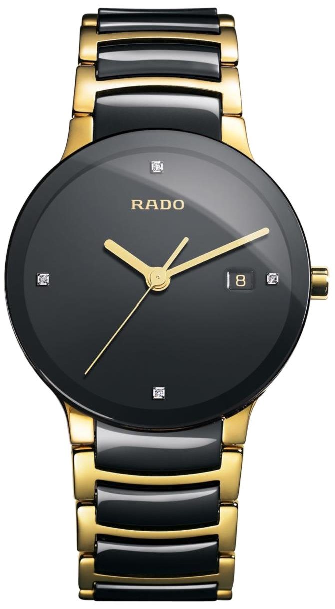 Rado Centrix Diamonds Black and Yellow Gold High-Tech Ceramic with 4 Diamonds and Date Display