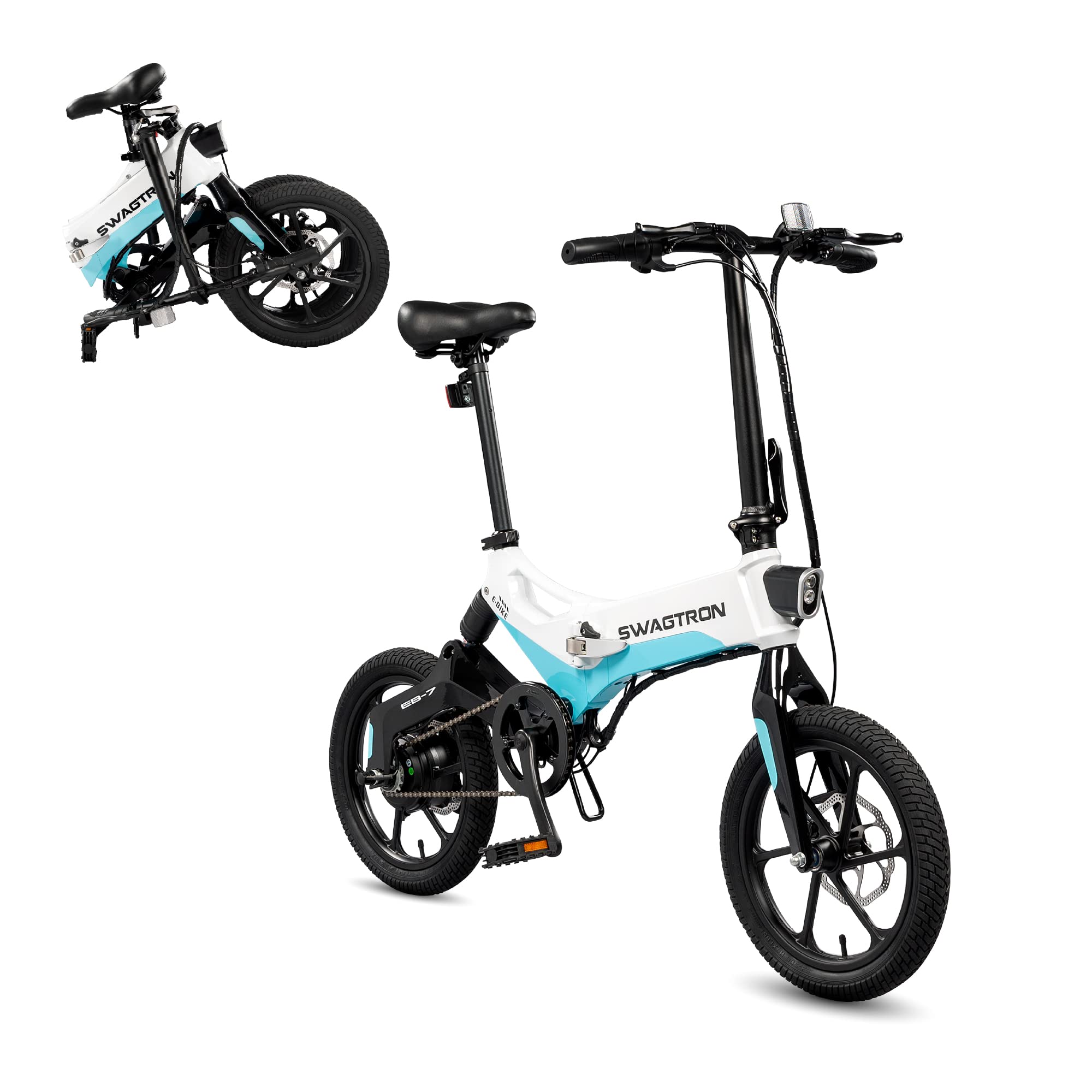 Swagtron Swagcycle EB-7 Elite Folding Electric Bike with Removable Battery and Rear Suspension BlueWhite 16 Wheels
