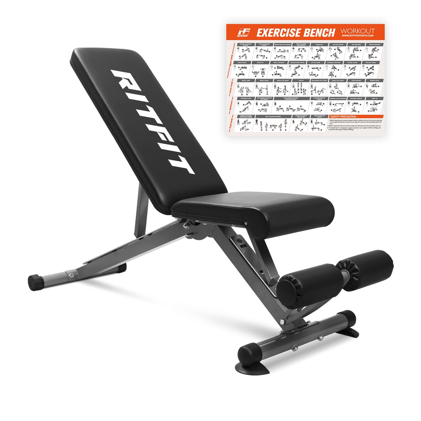 RitFit AdjustableFoldable Utility Weight Bench for Home Gym Weightlifting and Strength Training - Bonus Workout Poster with
