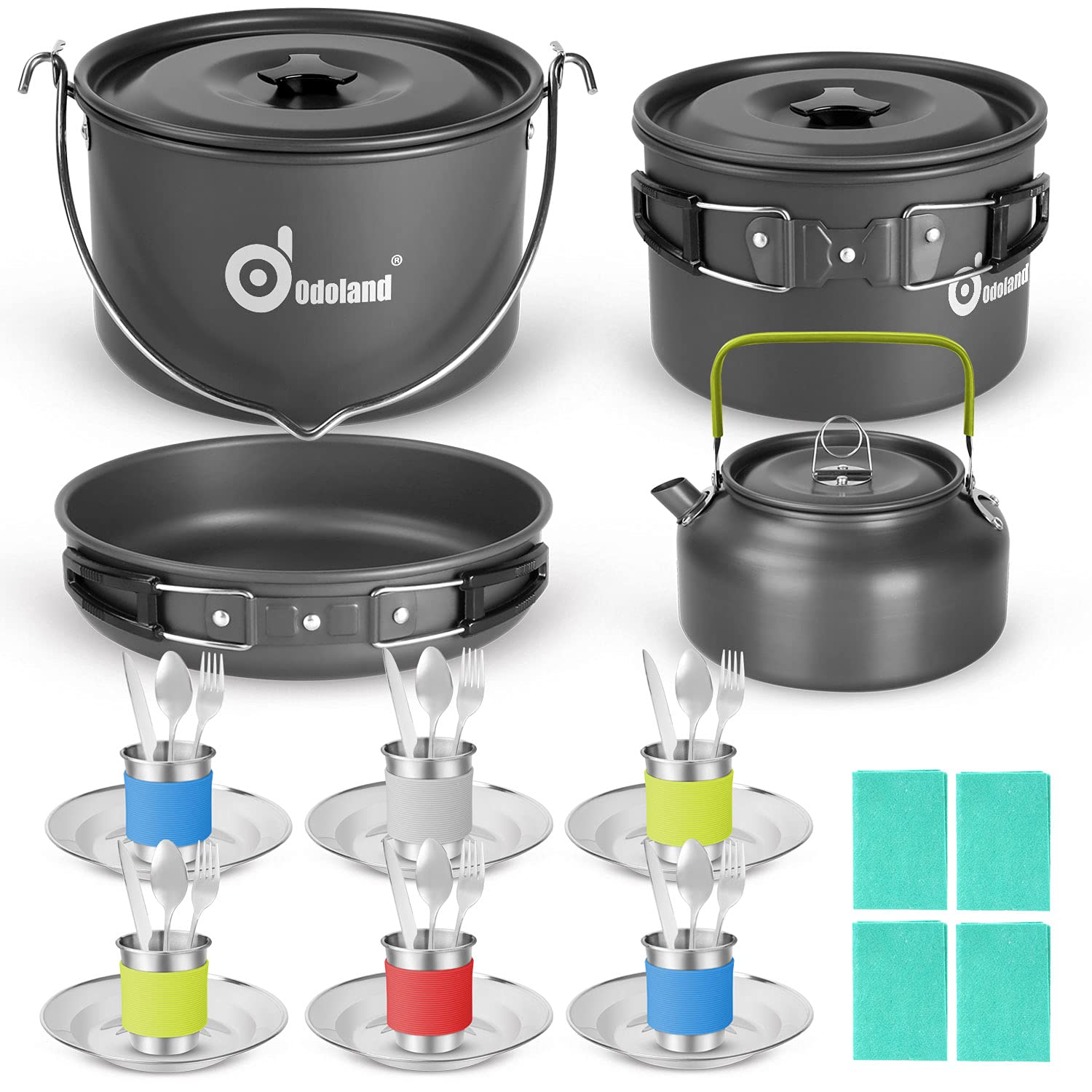 Odoland 39pcs Camping Cookware Mess Kit Non-Stick Large Size Hanging Pot Pan Kettle with Base Dinner Cutlery Sets for 6 and