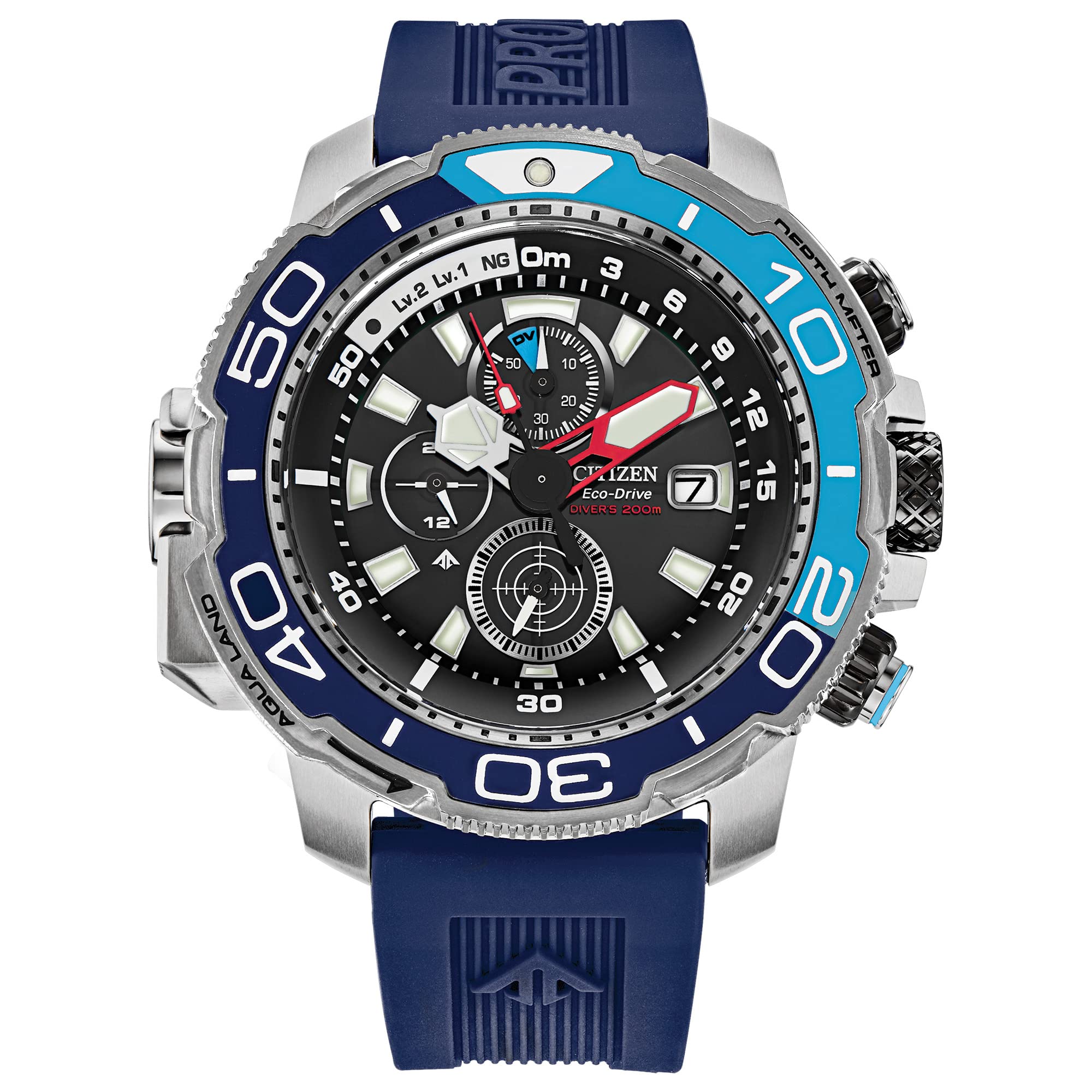 Citizen Mens Eco-Drive Promaster Aqualand Chronograph Watch Blue Polyurethane Strap 1224 Hour Time Date 200M Water Resi