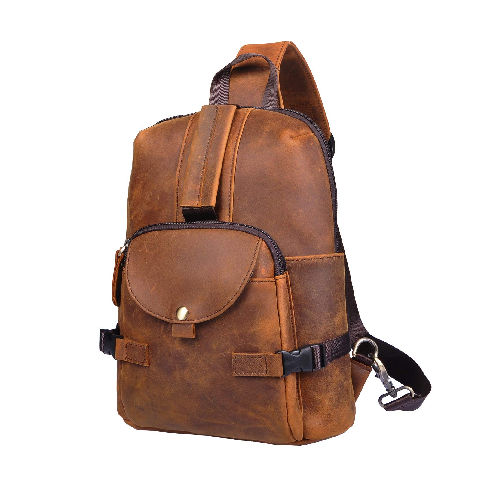 Leaokuu Mens Fashion Casual Tea Designer Travel Hiking Crossbody Chest Sling Bag Rig One Shoulder Strap Bag For Men Leather