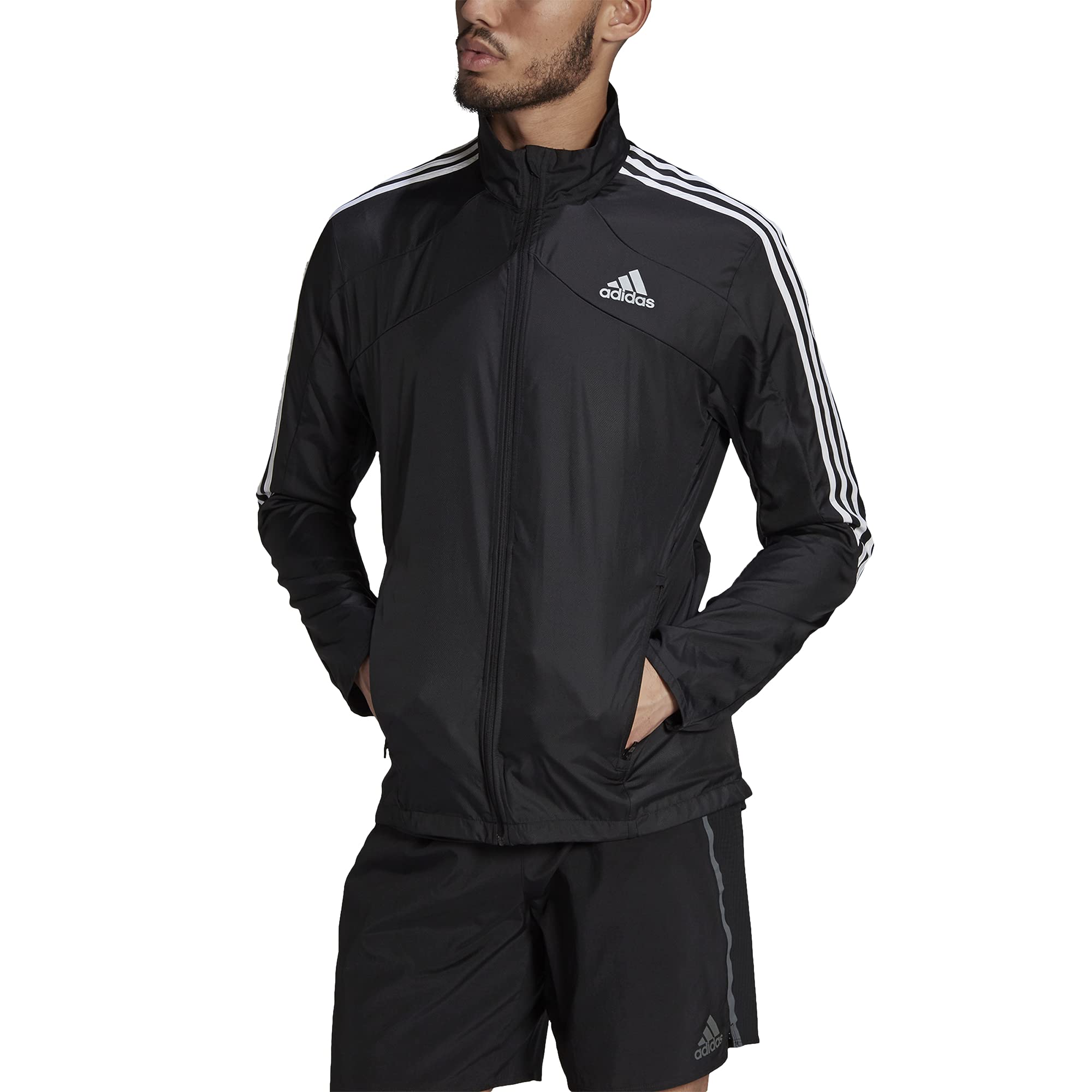 adidas Mens Marathon Jacket 3-Stripes BlackWhite Medium