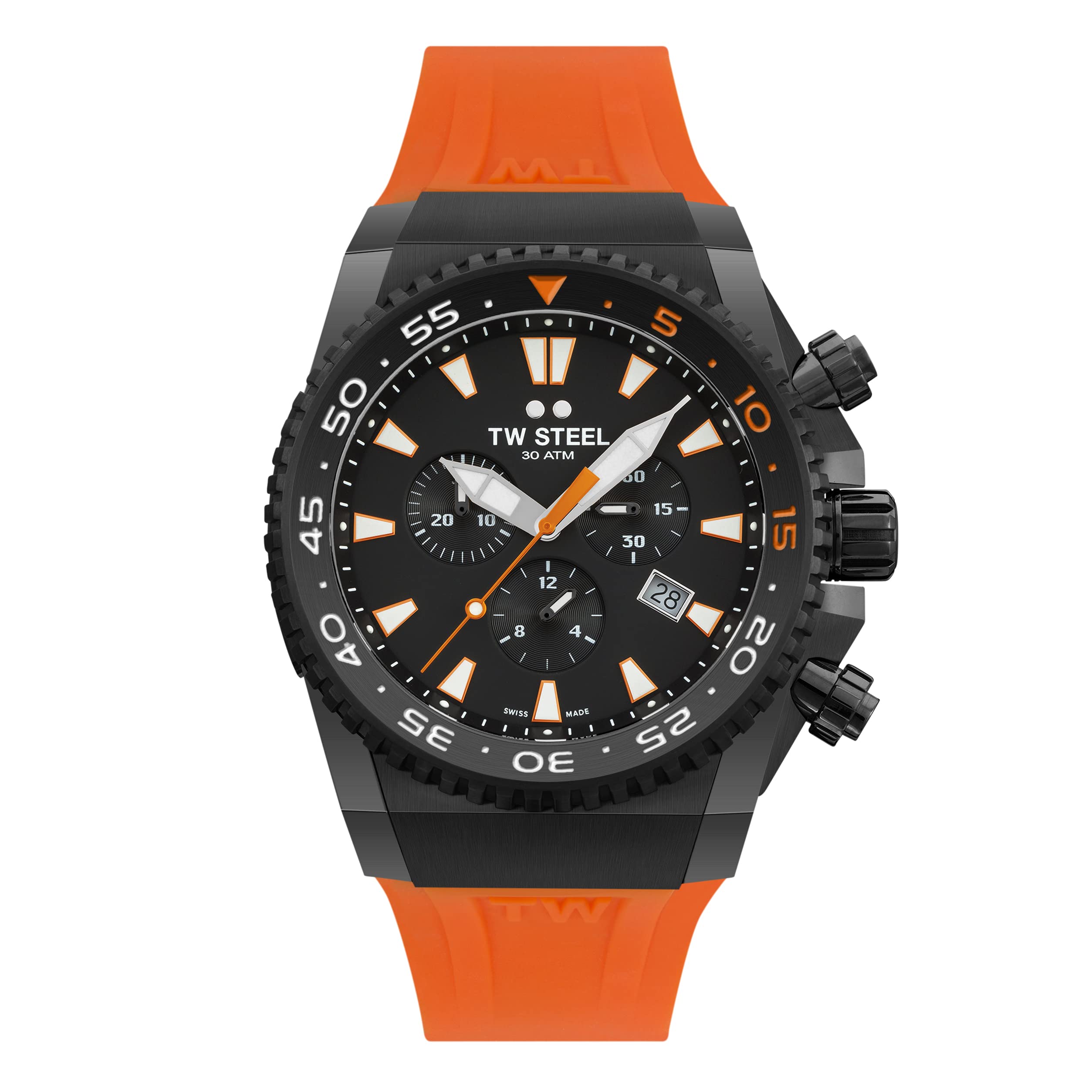 TW Steel ACE Diver Mens 44mm Quartz Watch with Black Dial Orange Silicon Strap and Date Calendar ACE404