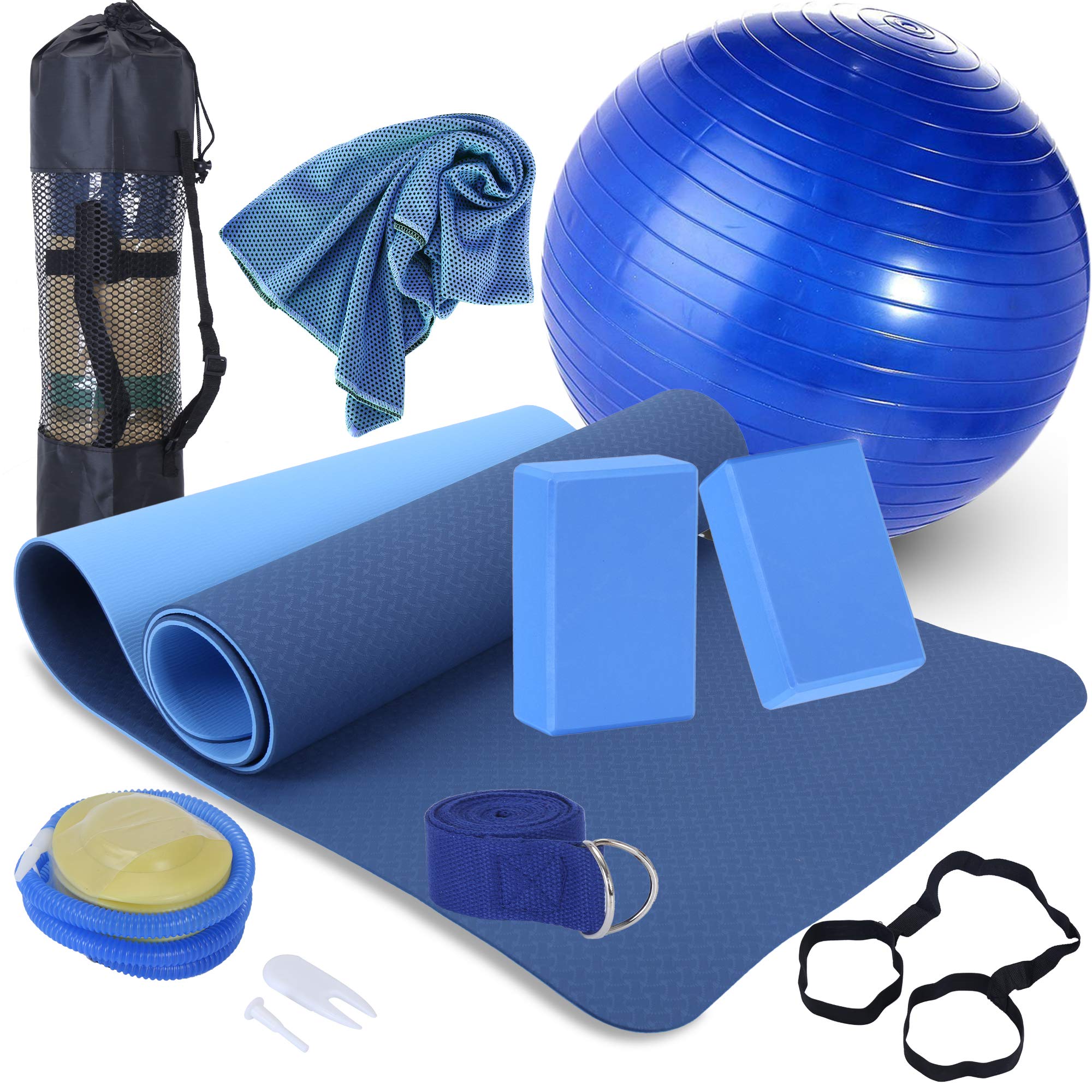 Beginners Yoga Starter Kit Set - 6mm Thick Non-Slip Exercise Yoga Mat 2 Yoga Blocks Yoga Ball Yoga Strap with Carrying St