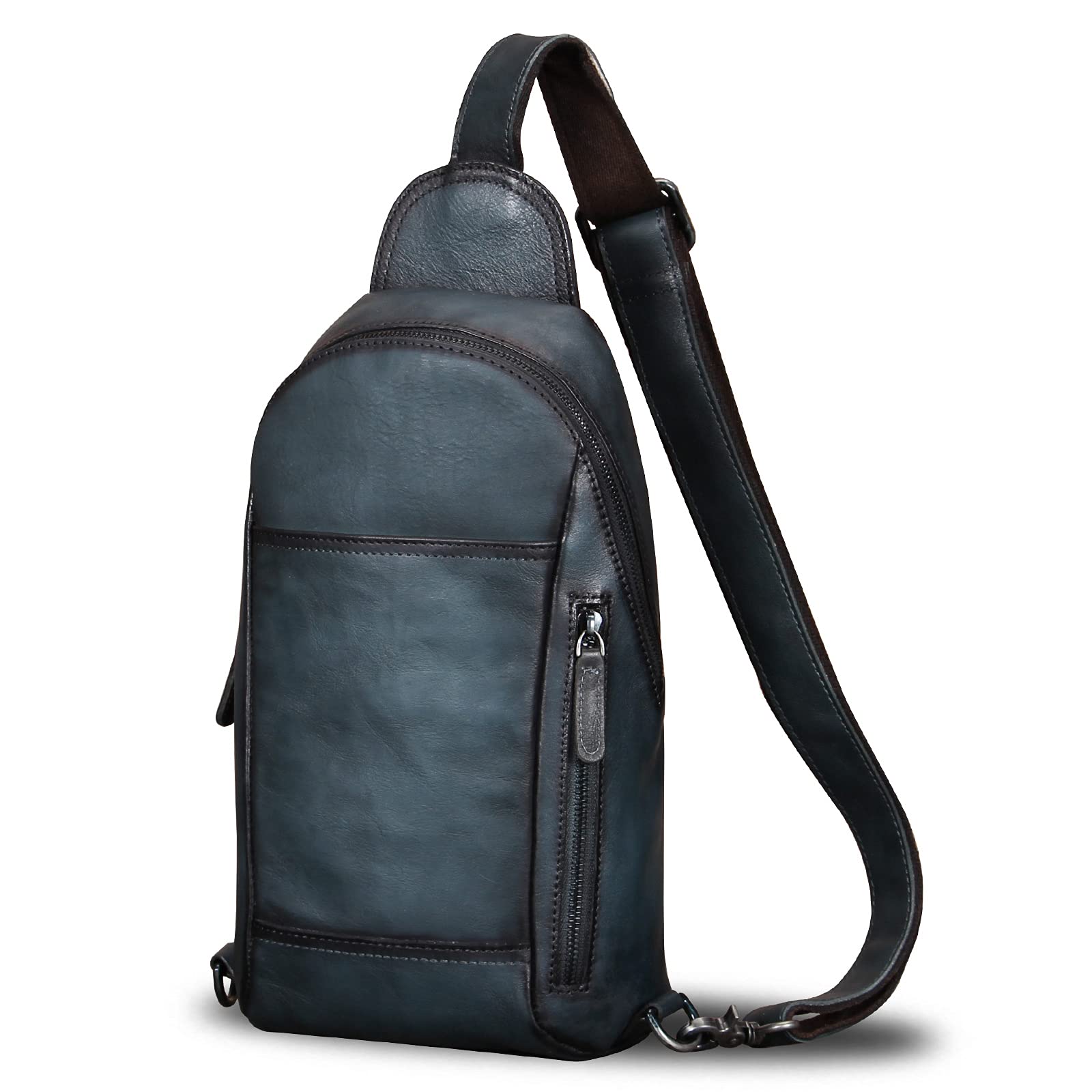IVTG Genuine Leather Sling Bag for Men Crossbody Hiking Backpack Vintage Handmade Chest Shoulder Daypack Gray