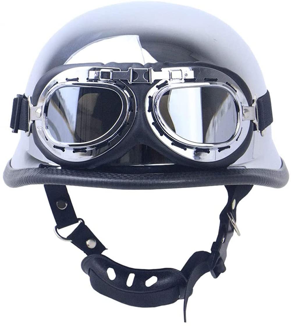 DOT Mirror Silver Chrome Motorcycle Half Helmet Approved German Style Vintage Open Face Crusier Helmet Cap with Pilot Goggles