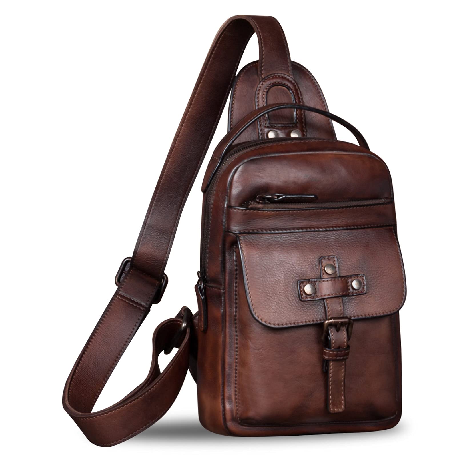 IVTG Genuine Leather Sling Bag Chest Shoulder Fanny Bag Hiking Backpack Vintage Handmade Crossbody Daypack Coffee