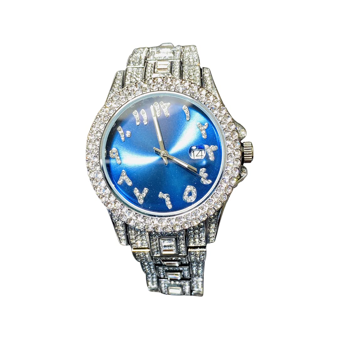 Mens Round Silver Blue Arabic Dial Wrist Watch Band Luxury Baguette CZ Diamond Iced Bracelet Watch Roman Numeric Dial Watch
