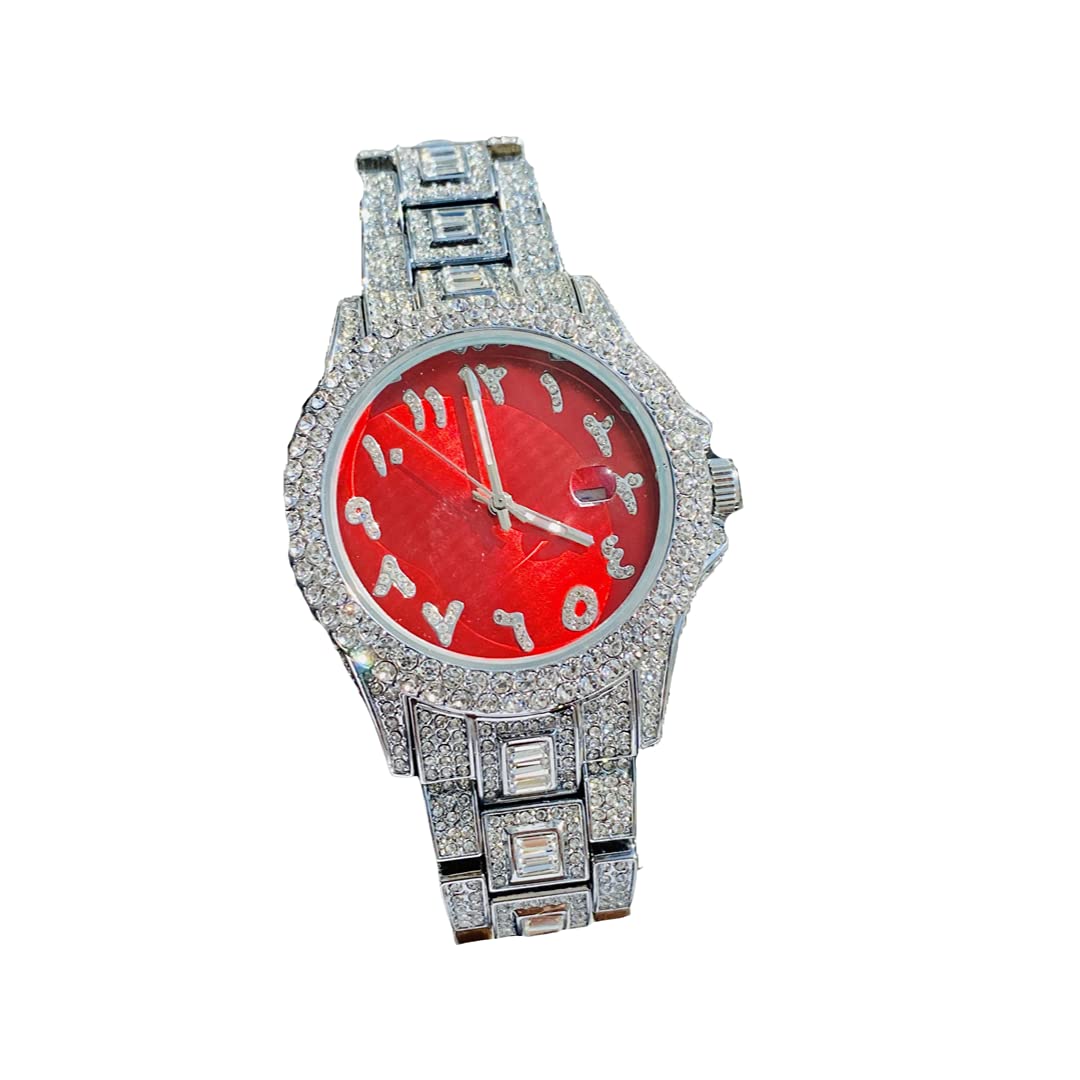 Mens Round Silver Red Arabic Dial Wrist Watch Band Luxury Baguette CZ Diamond Iced Bracelet Watch Roman Numeric Dial Watch F
