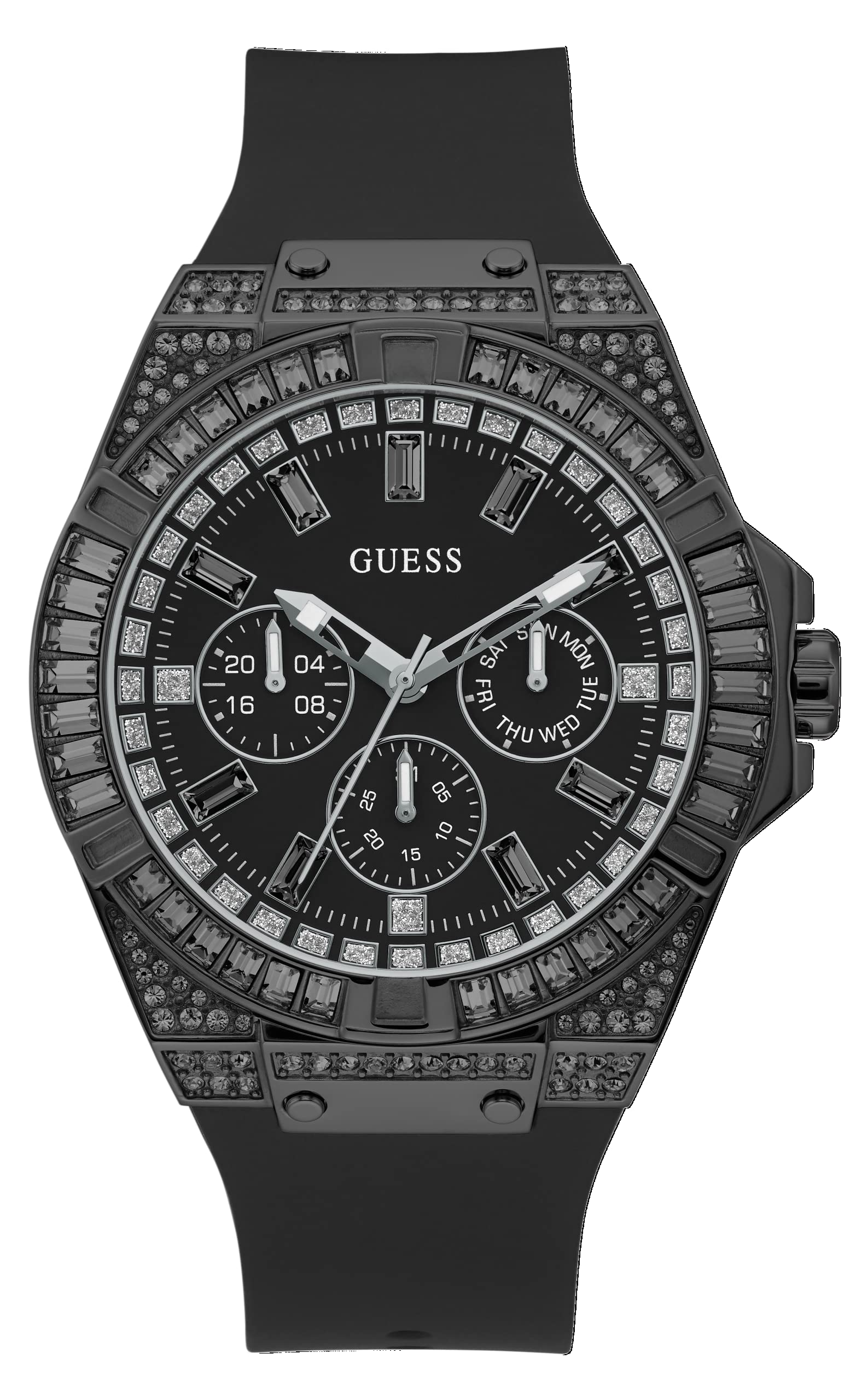GUESS Mens Sport Multifunction Crystal 47mm Watch Black Stainless Steel Case Black Dial with Black Silicone Strap