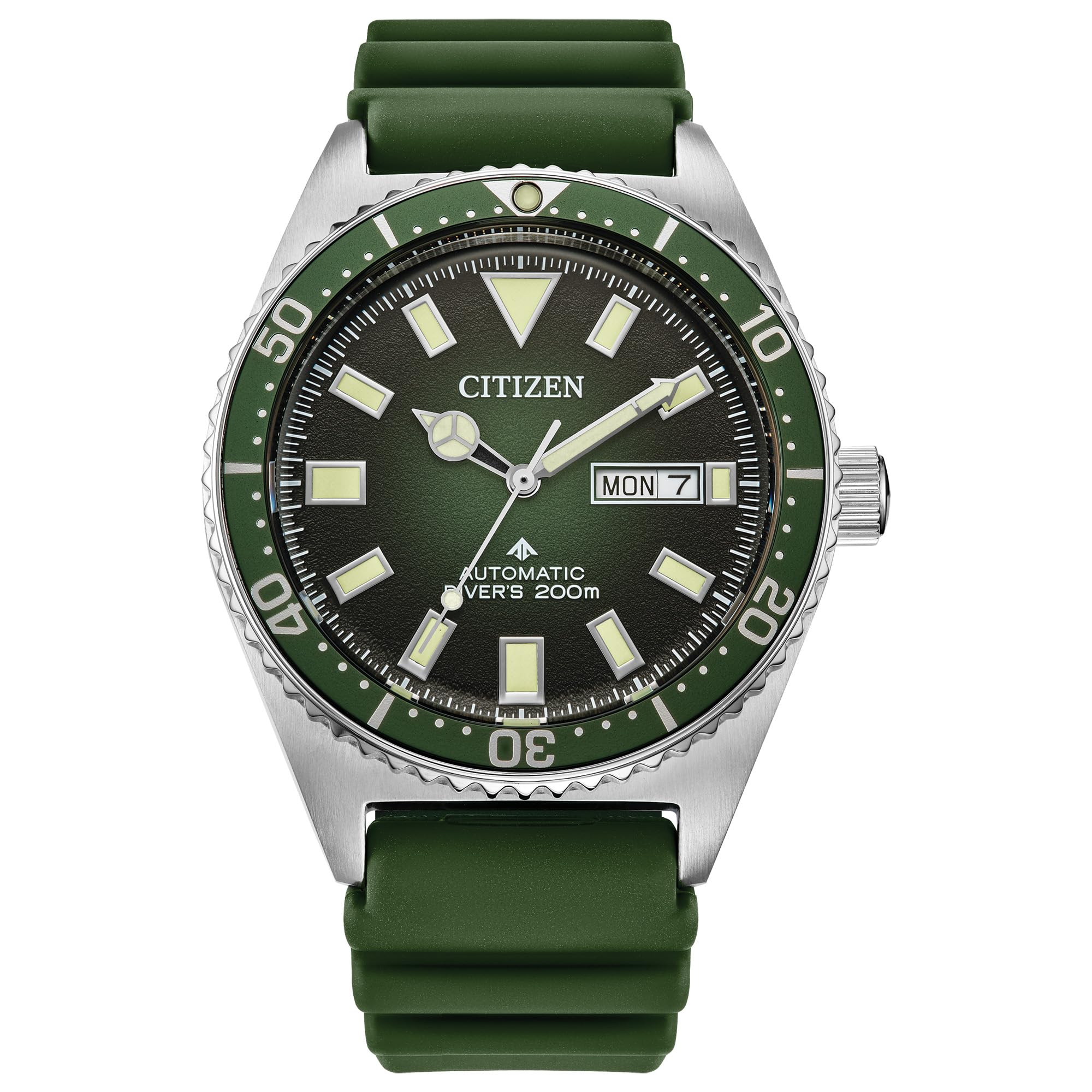 Citizen Mens Promaster Dive Automatic 3-Hand Stainless Steel on Green Polyurethane Strap Watch Day Date Luminous 41mm