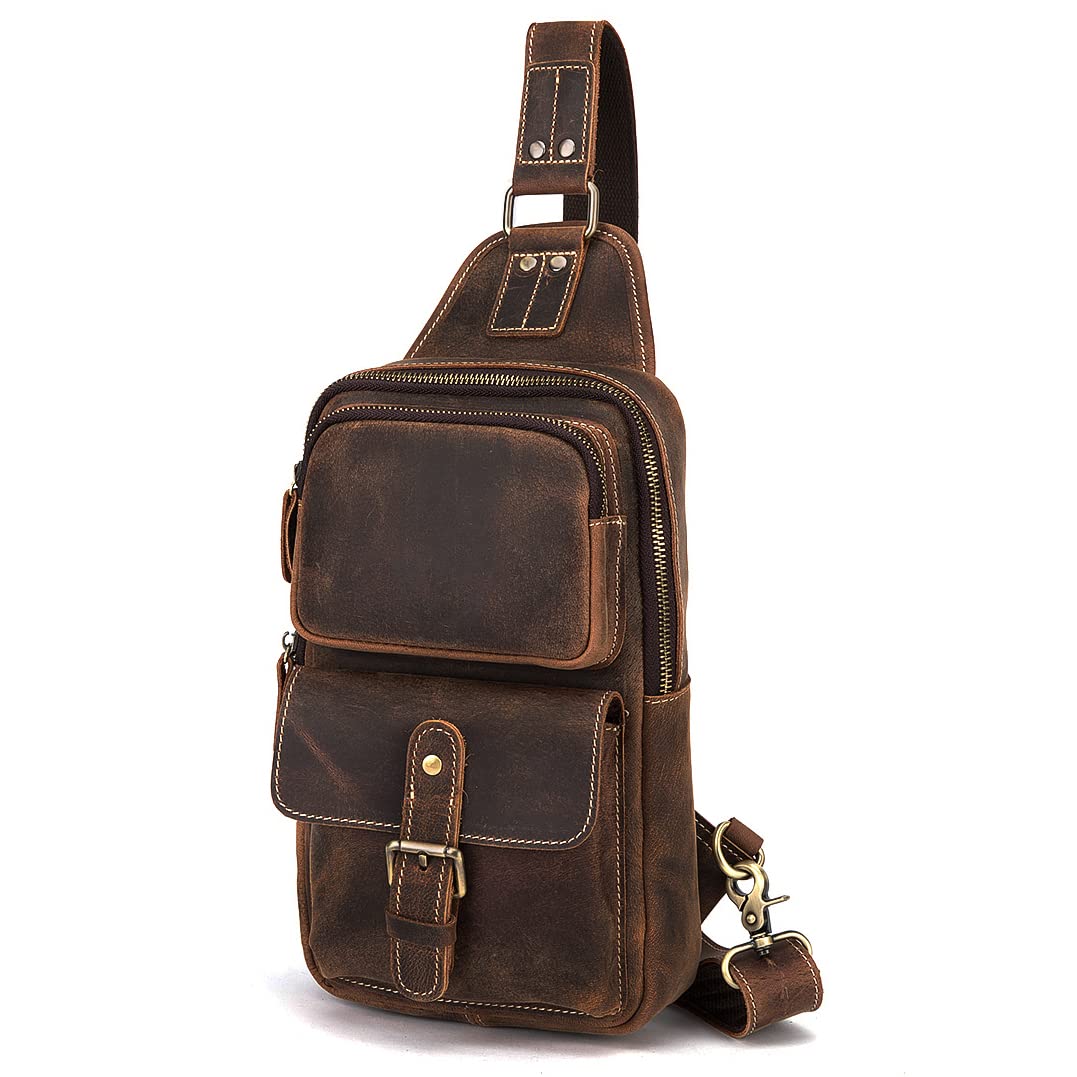 Leaokuu Outdoor Casual Travel Hiking Tea Crossbody Chest Sling Bag Rig One Shoulder Strap Bag Backpack For Men Male Real Lea