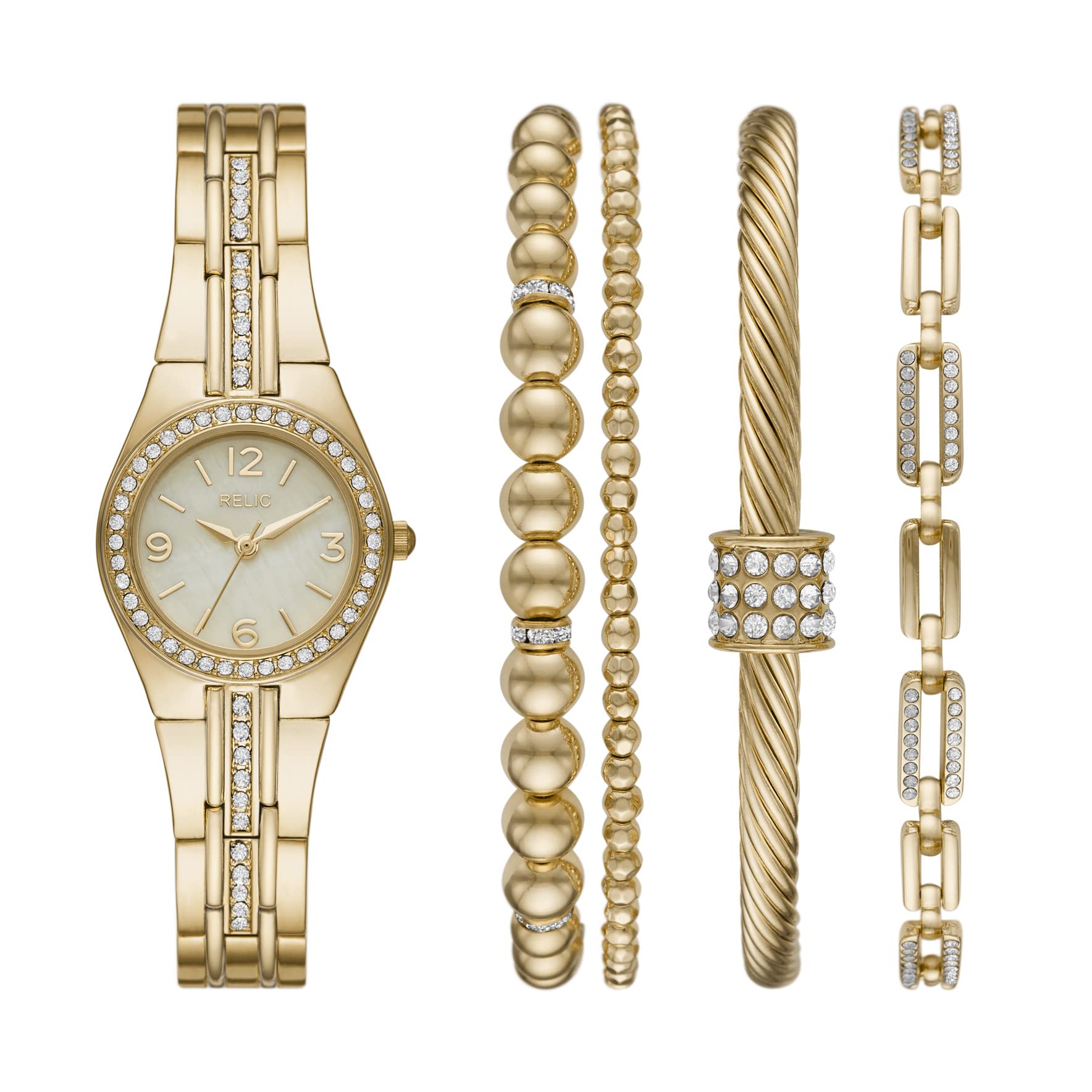 Queens Court Three-Hand Gold Tone Metal Watch Gift Set with Bracelet Accessories Model ZR97005