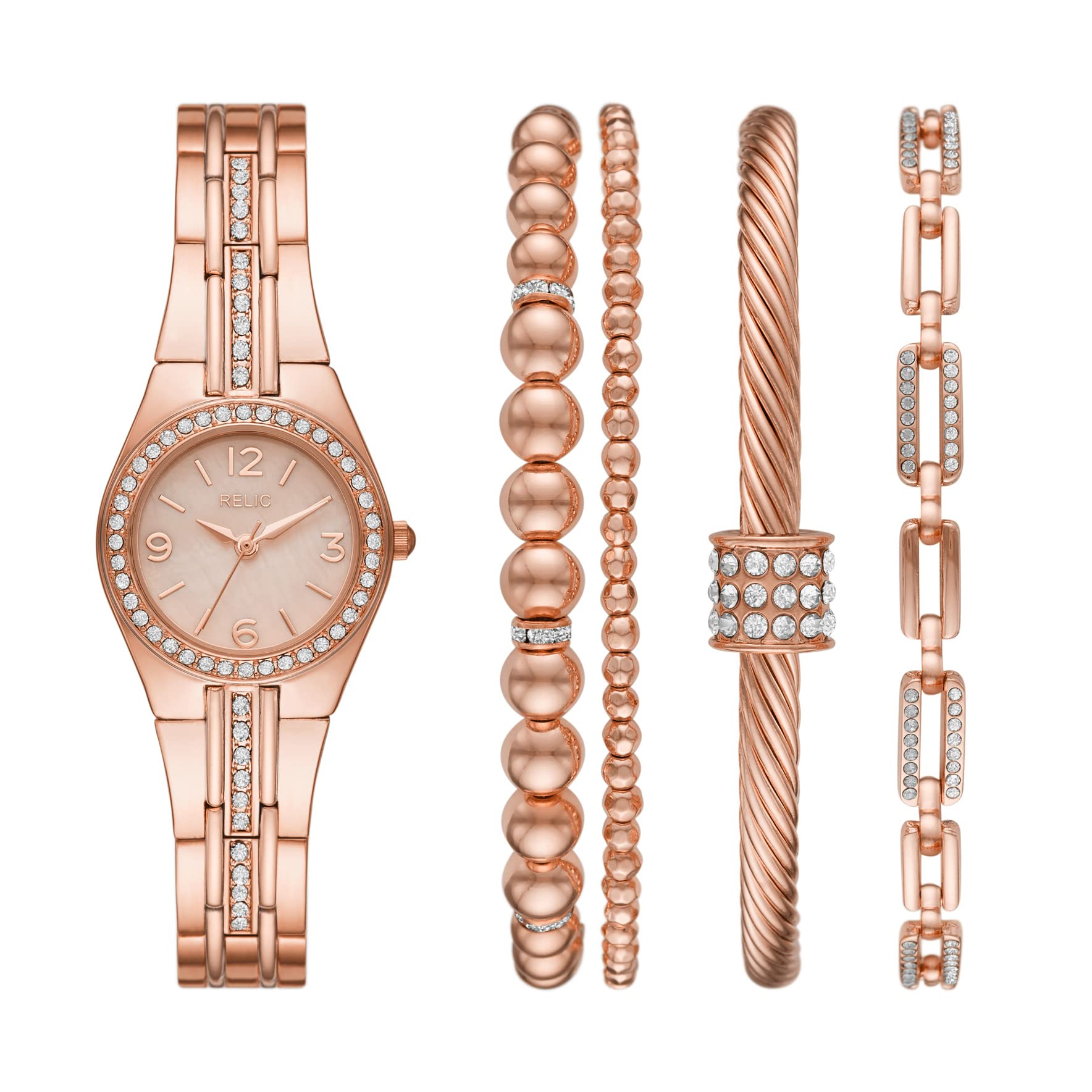 Queens Court Three-Hand Rose Gold Tone Metal Watch Gift Set with Bracelet Accessories Model ZR97001
