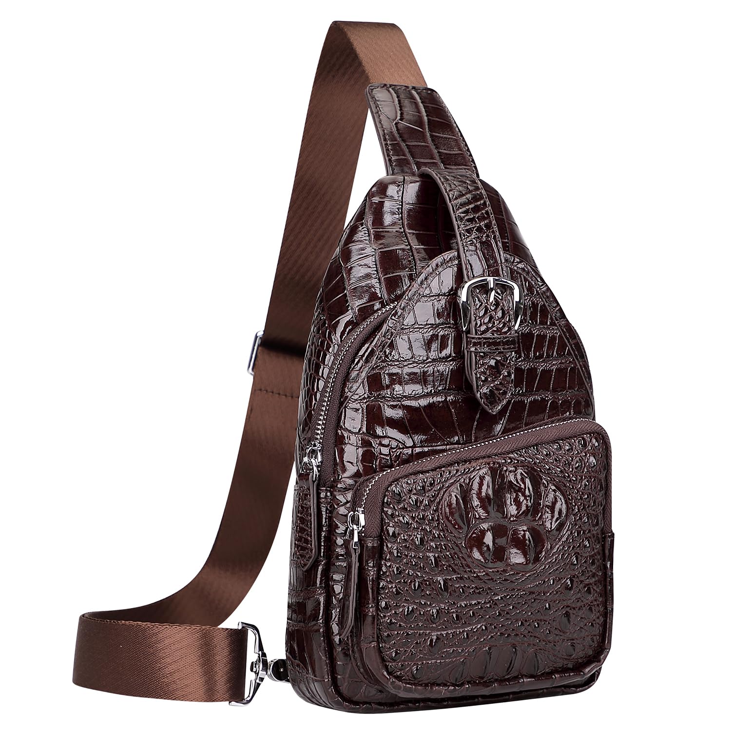 PIJUSHI Crocodile Leather Sling Bag for Men Crossbody Chest Daypack BagPE004 Coffee Croco