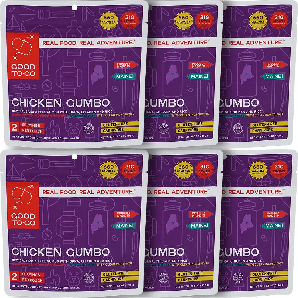 GOOD TO-GO Chicken Gumbo Camping Food Backpacking Food 6-Pack of Double Servings Just Add Water Meals Backpacking Mea