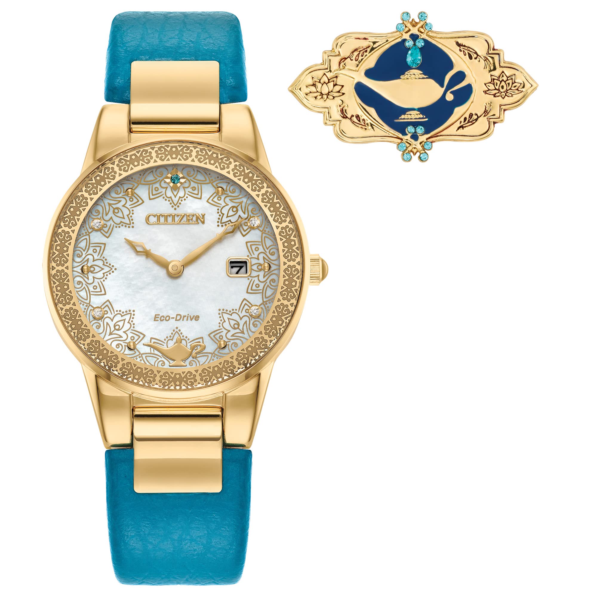 Citizen Eco-Drive Ladies Disney Aladdin 30th Anniversary Princess Jasmine Teal Leather Strap Watch and Pin Gift Set Mother