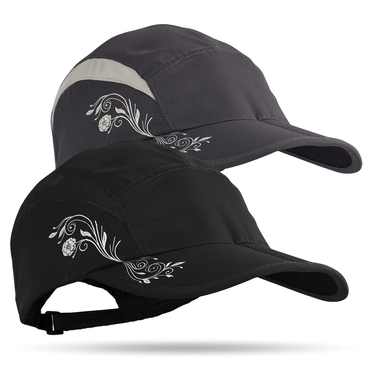 TrailHeads Folding Bill Running Hat for Women Summer Cap with UV Protection Black Print Grey Print