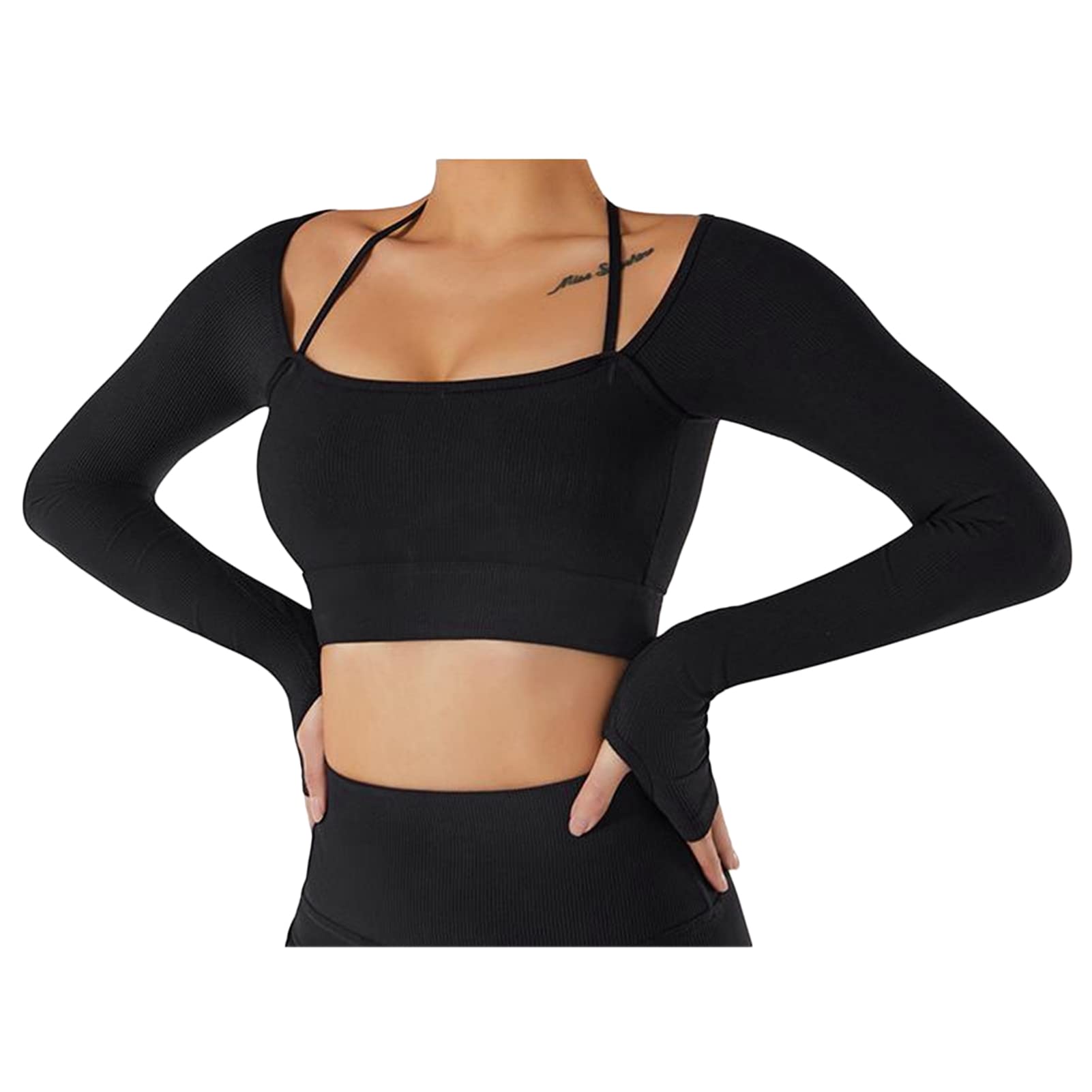 Women Summer Long Sleeves Workout Sportswear Square Neck Wider Hem High Waist Fingertip Quick Drying Yoga Sports TopL-Black