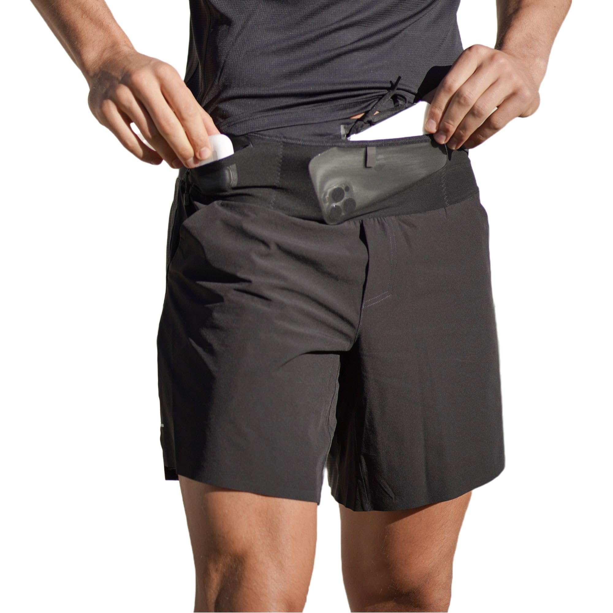 FlipBelt Black Athletic Running Shorts for Men Lightweight Moisture Wicking Exercise Shorts with Reflective Logo and 7 Po