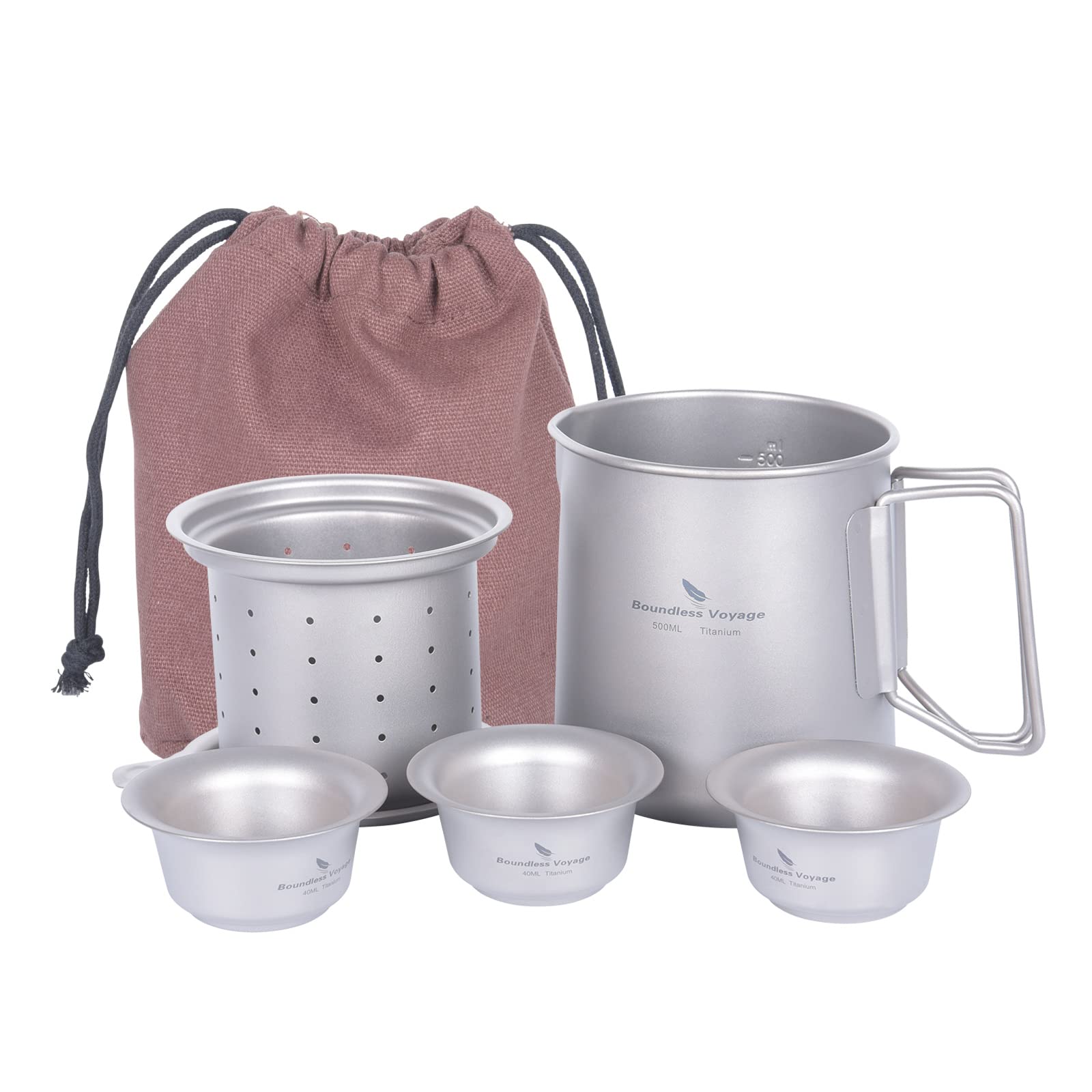 iBasingo 500ml Titanium Cup Set with 3 Small Teacups Lightweight Coffee Tea Mug Portable Easy to Store for Camping Home Caf