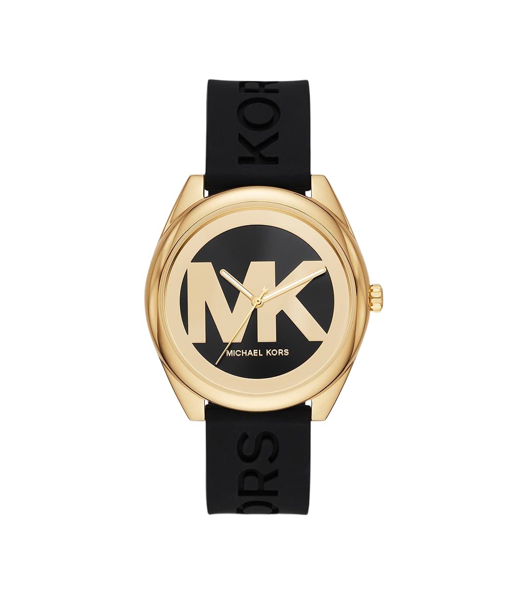 Michael Kors MK7313 Black Gold Tone Logo Dial Black Silicone Band Womens Watch