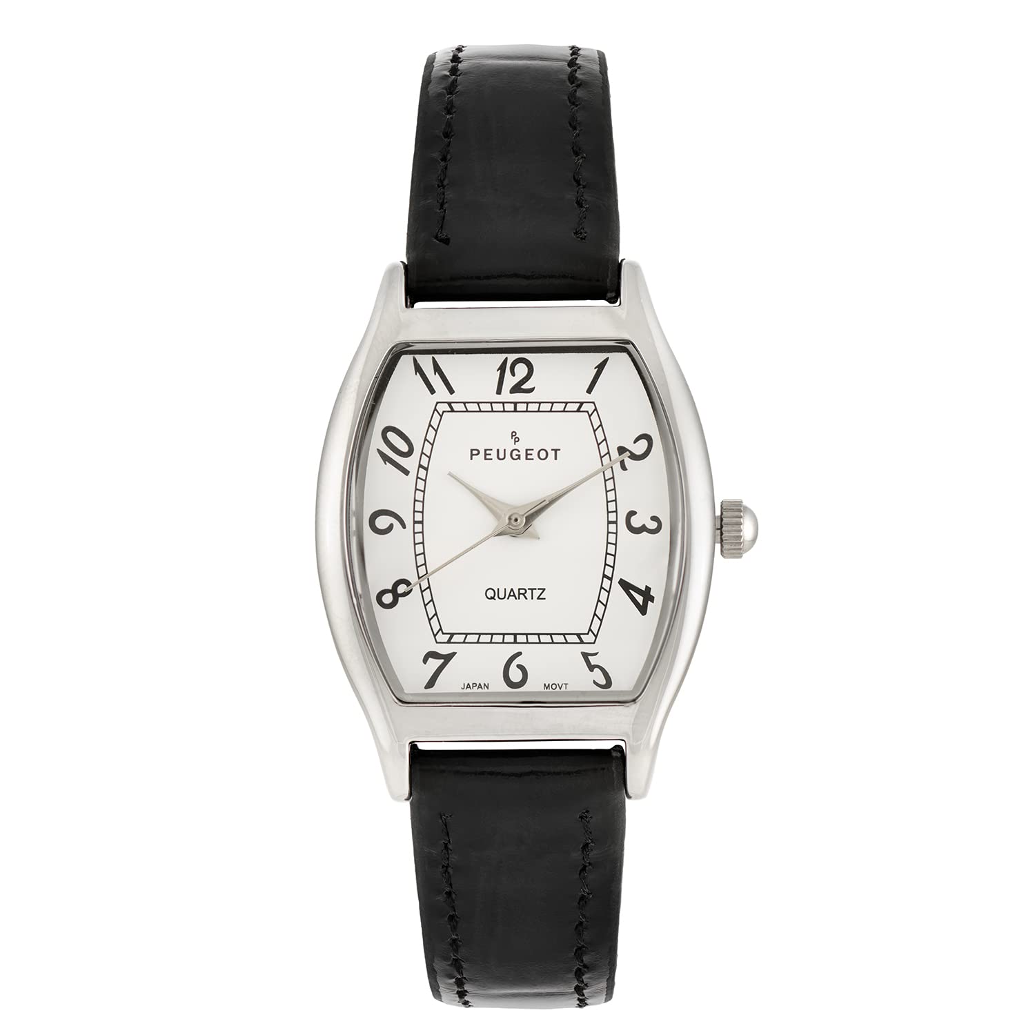 PEUGEOT Women Fashion Silver Cushion Shape Watch with Arabic Numerals and Genuine Leather Strap Black