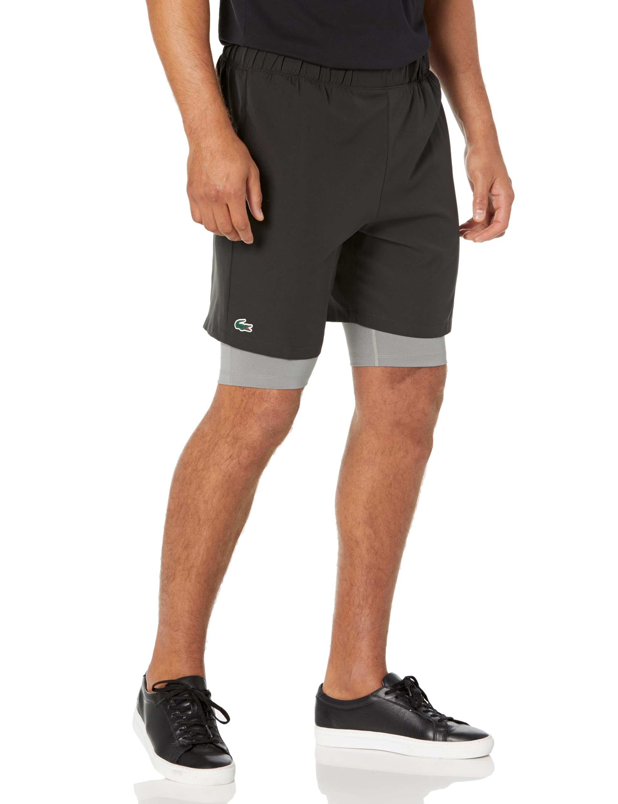 Lacoste Mens Two-Tone Sport Shorts with Built-in Undershorts NoirAgate Chine XX-Large