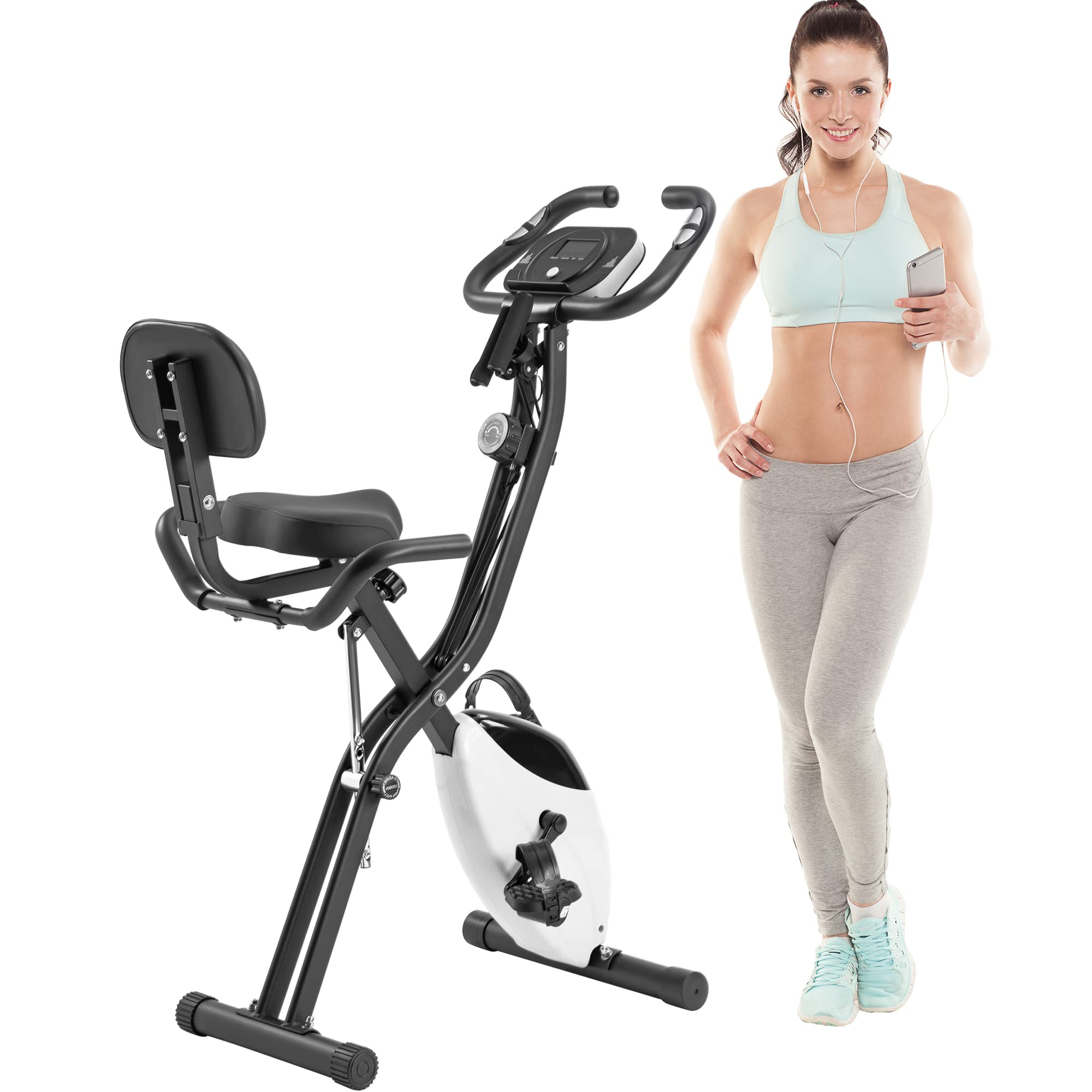 Exercise Bike Foldable Fitness IndoorUpright and Recumbent X-Bike with 10-Level Adjustable ResistanceBands and Backrest