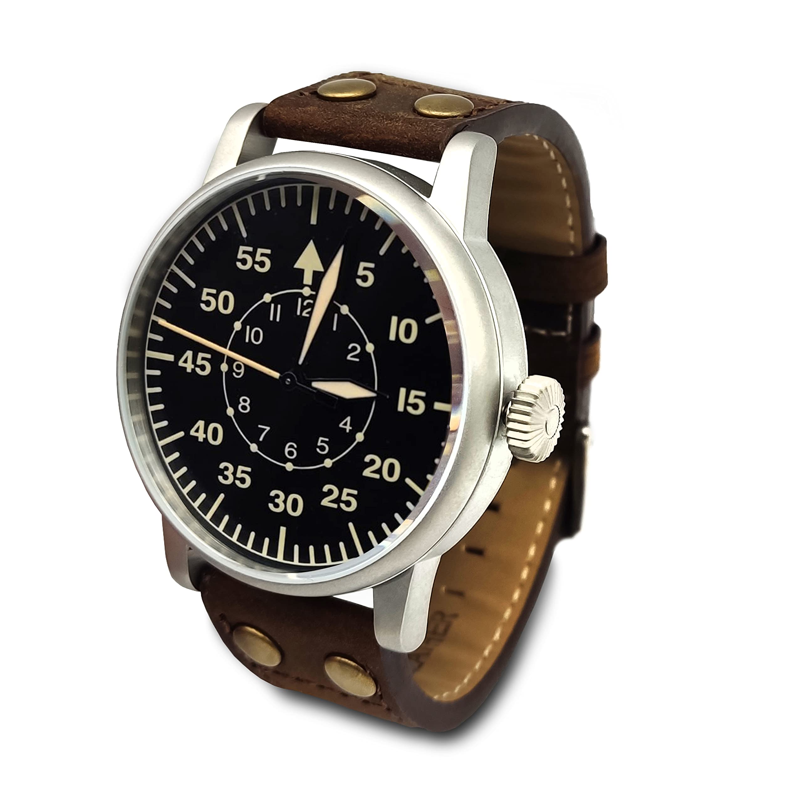 WW2 Military Watch - Vintage Luftwaffe Aviator Watch Automatic Movement with Genuine Leather Strap and 10 ATM Water Resistan