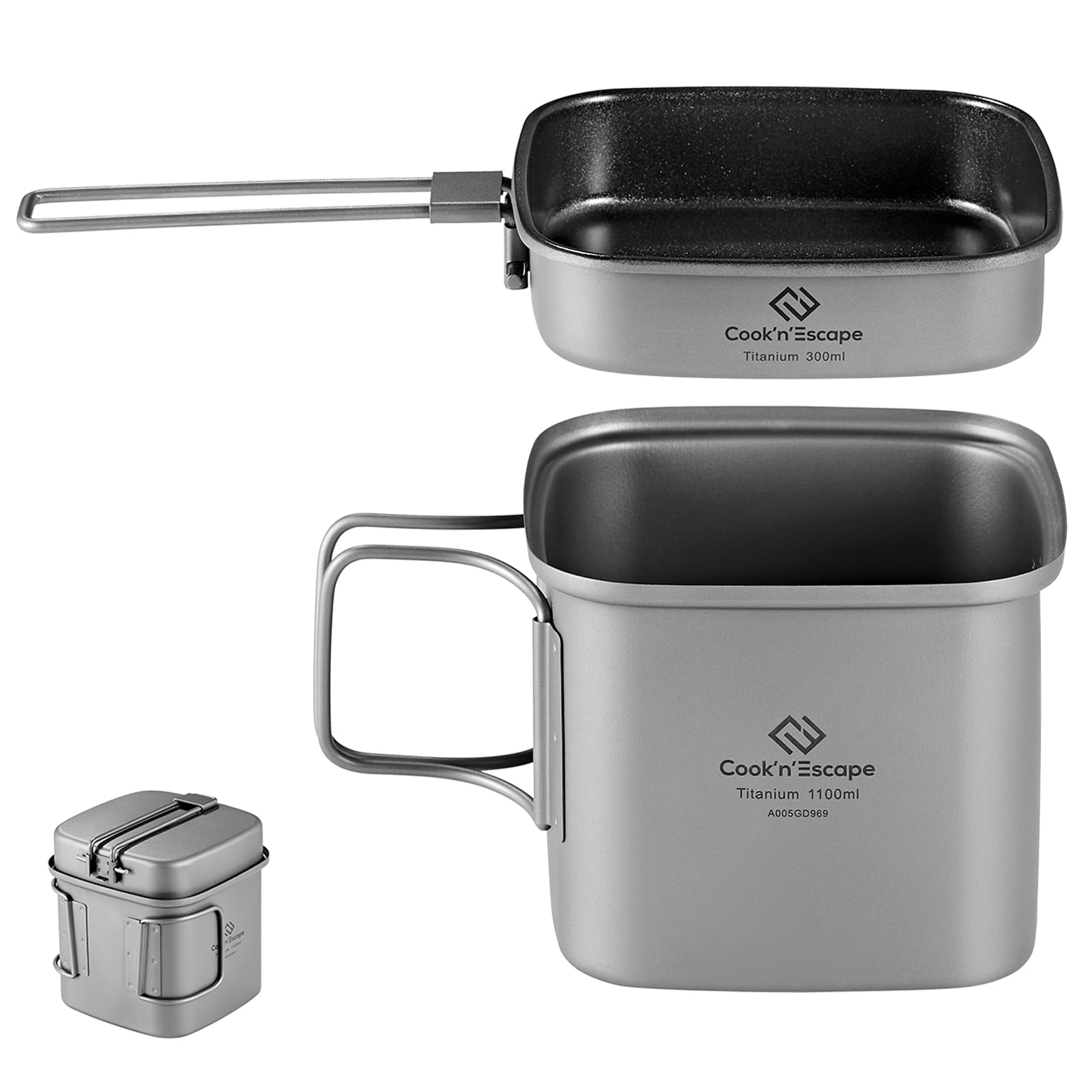 COOKNESCAPE Titanium Camping Cooking Pot 1100ML300ML Camping Cookware Set with Folding HandleCompact Frying Pan Open Ove