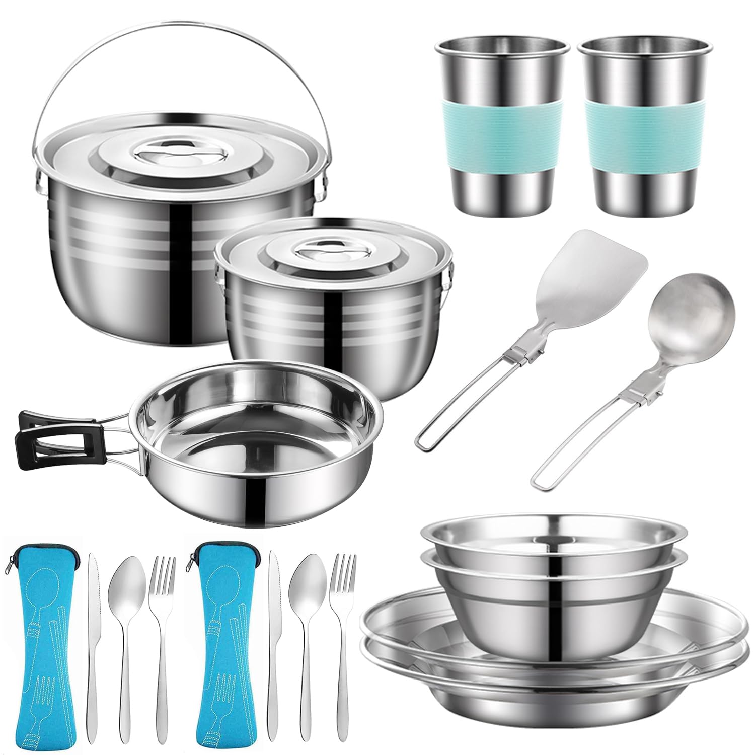 Camping Cookware Mess Kit304 Stainless Steel Camping Cooking SetCamping Pot and Pan Set with Blows Cups Plates Forks Knives
