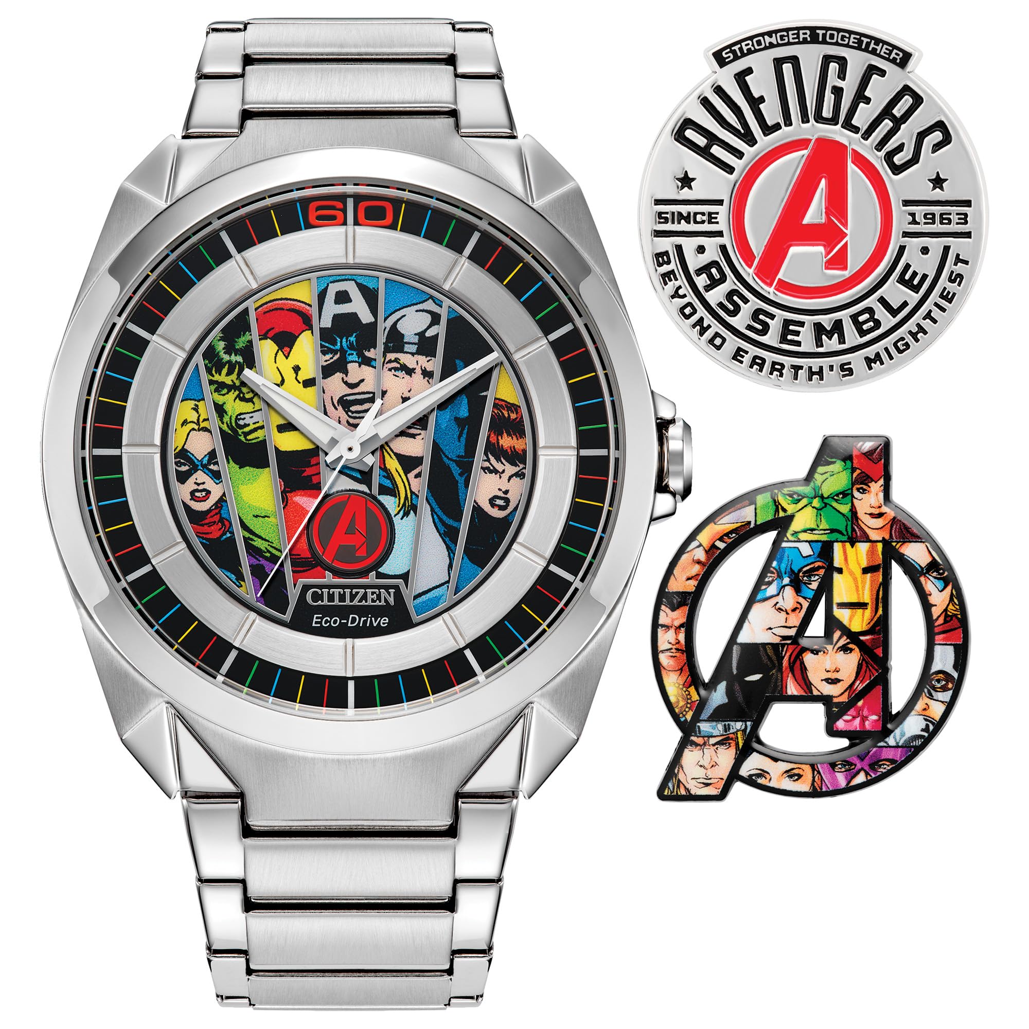 Citizen Mens Eco-Drive Marvel Avengers Silver Stainless Steel Watch and Pin Gift Set Avengers 60th Anniversary Model AW20