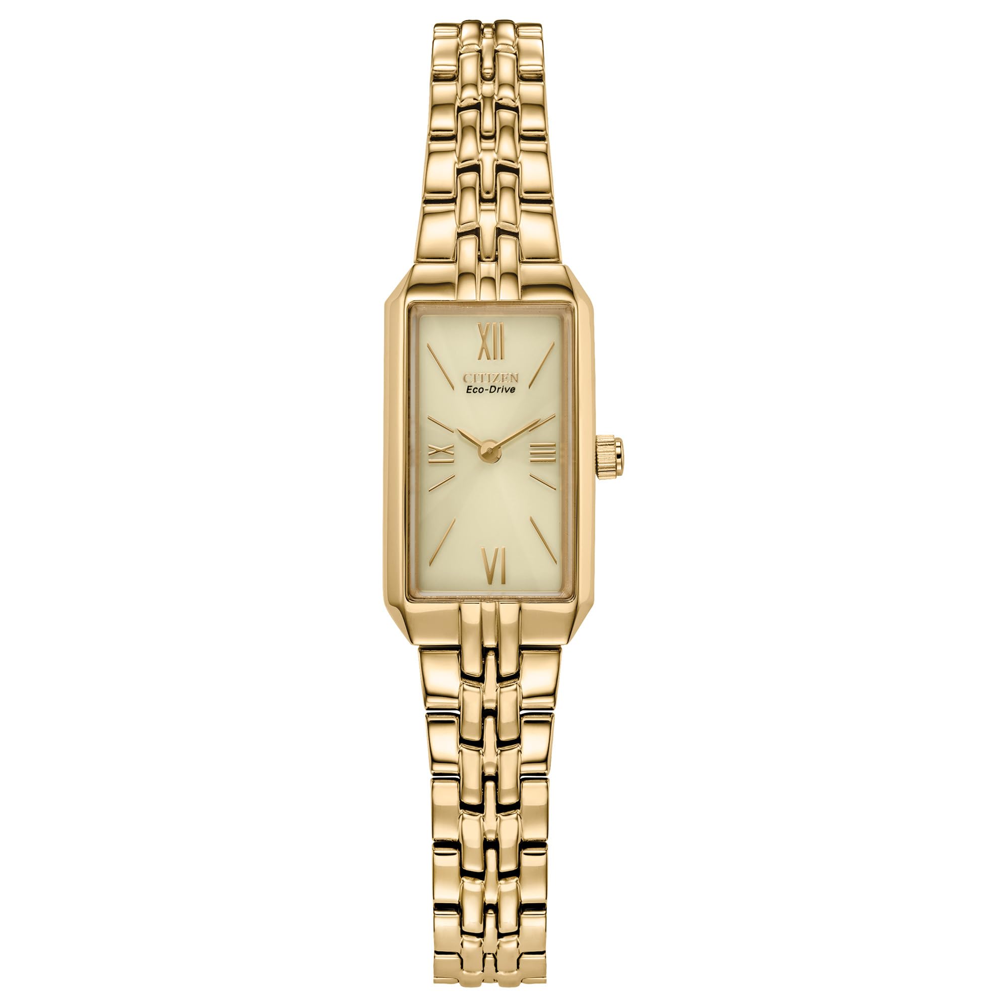 Citizen Ladies Eco-Drive Classic Dress Corso Gold Tone Stainless Steel Rectangle Watch with Champagne Dial 2-Hand Jewelry