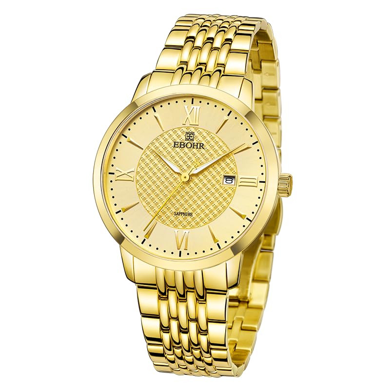 EBOHR Mens Elegant Quartz Wrist Watch - 40mm Sapphire Crystal Gold Stainless Steel Business Casual Fashion Timepiece Luminou