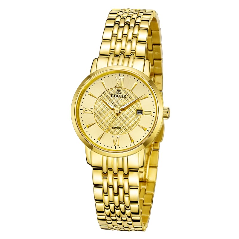 EBOHR Womens Elegant Quartz Wrist Watch - 29mm Sapphire Crystal Gold Stainless Steel Business Casual Fashion Timepiece Lumin