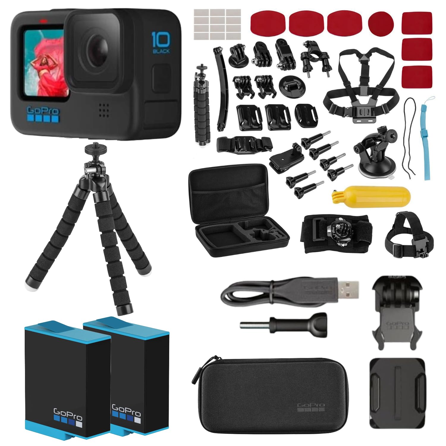 GoPro HERO10 Black Action Camera Bundle with 2 Spare Rechargeable Batteries Mini Extension Pole Tripod Extreme Sport 40-