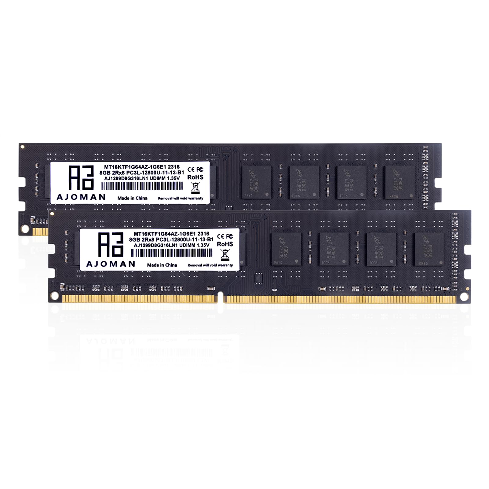 AJOMAN 16GB8GBx2 Kit DDR3L 1600MHz UDIMM Desktop RAM 2Rx8 PC3L-12800 1.35V DDR3 240-Pin CL11 UDIMM Computer Memory Modules