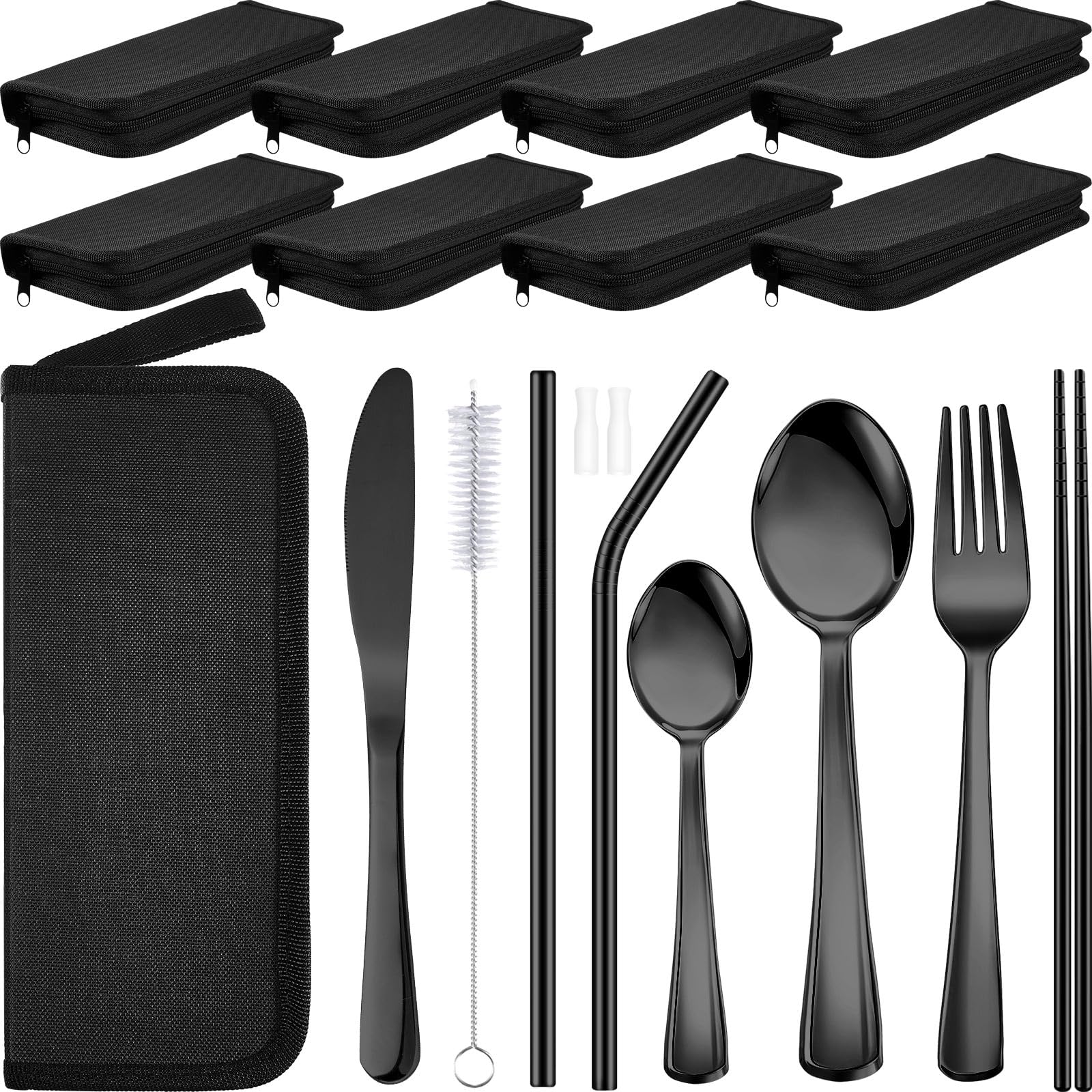 Ziliny 10 Sets Portable Camping Utensils SetTravel Utensils with Case Stainless Steel Reusable Silverware 90Pcs Camping Picn