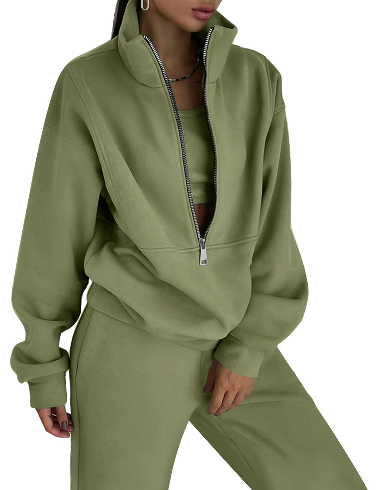 PEHMEA Womens 2 Piece Outfit Fleece Half Zip Sweatshirt and Joggers Pants Set Y2K Tracksuit SweatsuitGreyGreen-XXL