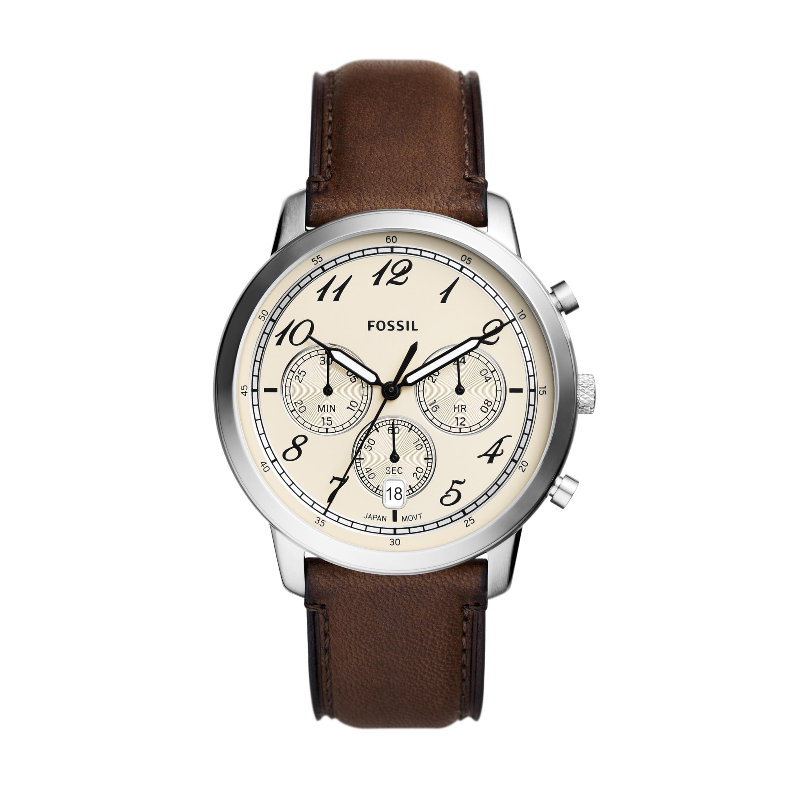 Fossil Mens Neutra Arabic Chronograph Stainless Steel Watch Color SilverBrown Arabic Model FS6022