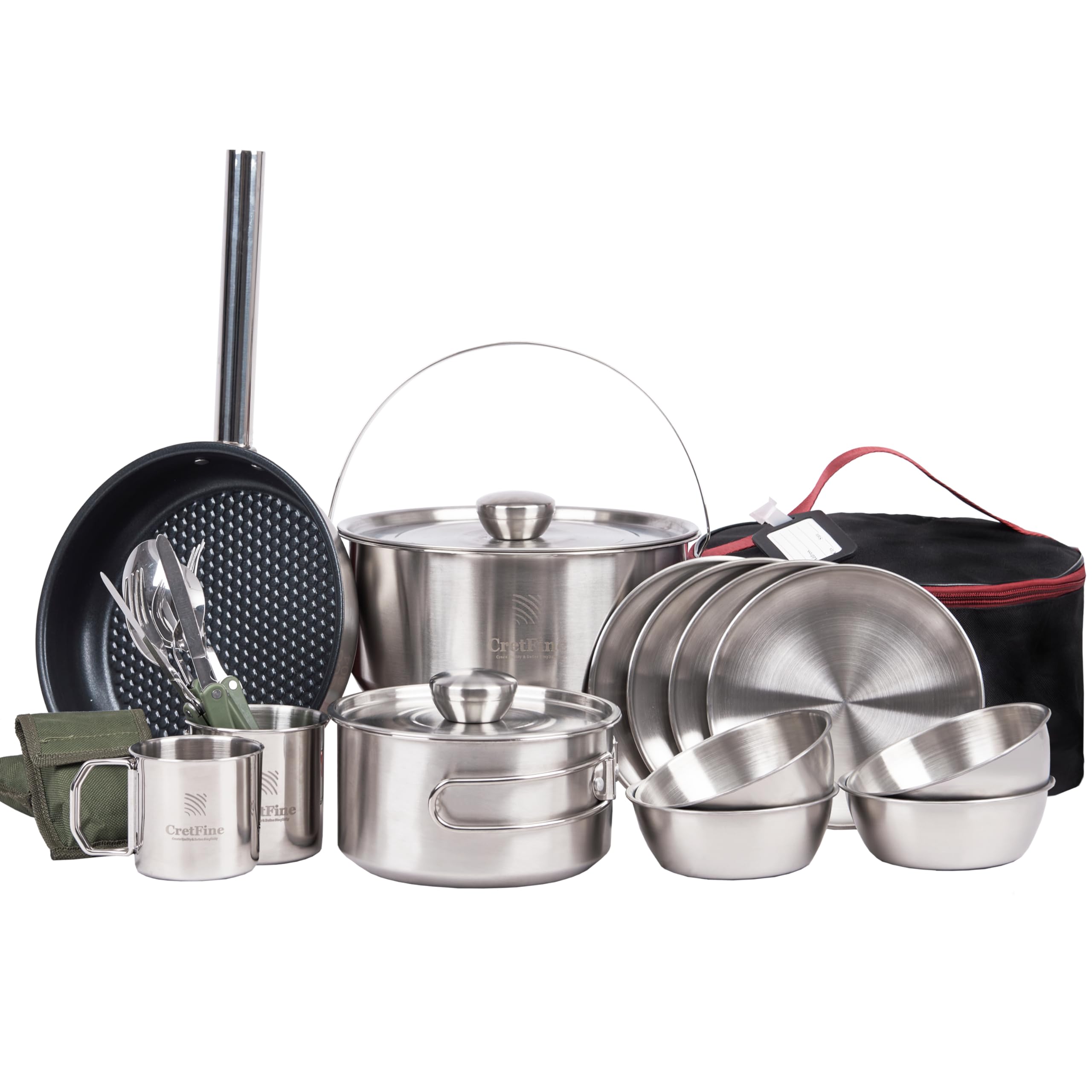 CretFine CampPro Camp Cooking Set for 4-8 Stainless Steel Camping Cookware Set 26Pcs Camp Cooking Equipment with Travel Bag