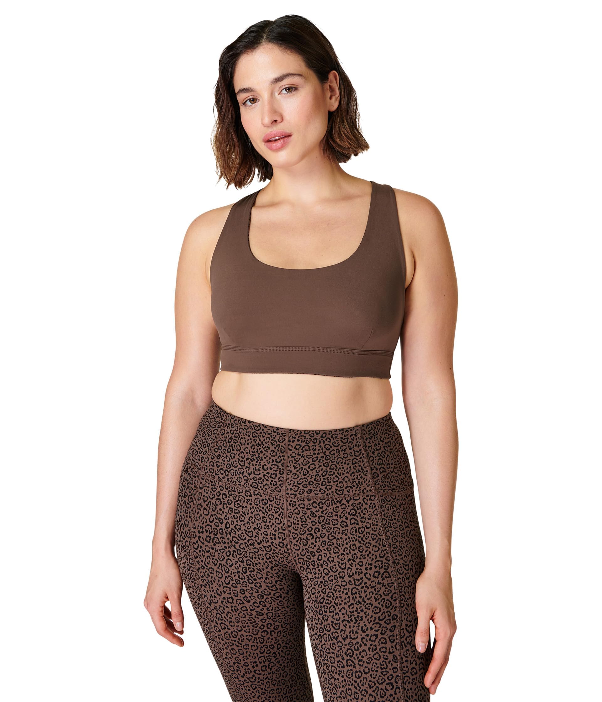 Sweaty Betty Super Soft Reversible Yoga Bra Brown Leopard Markings Print Waln MD