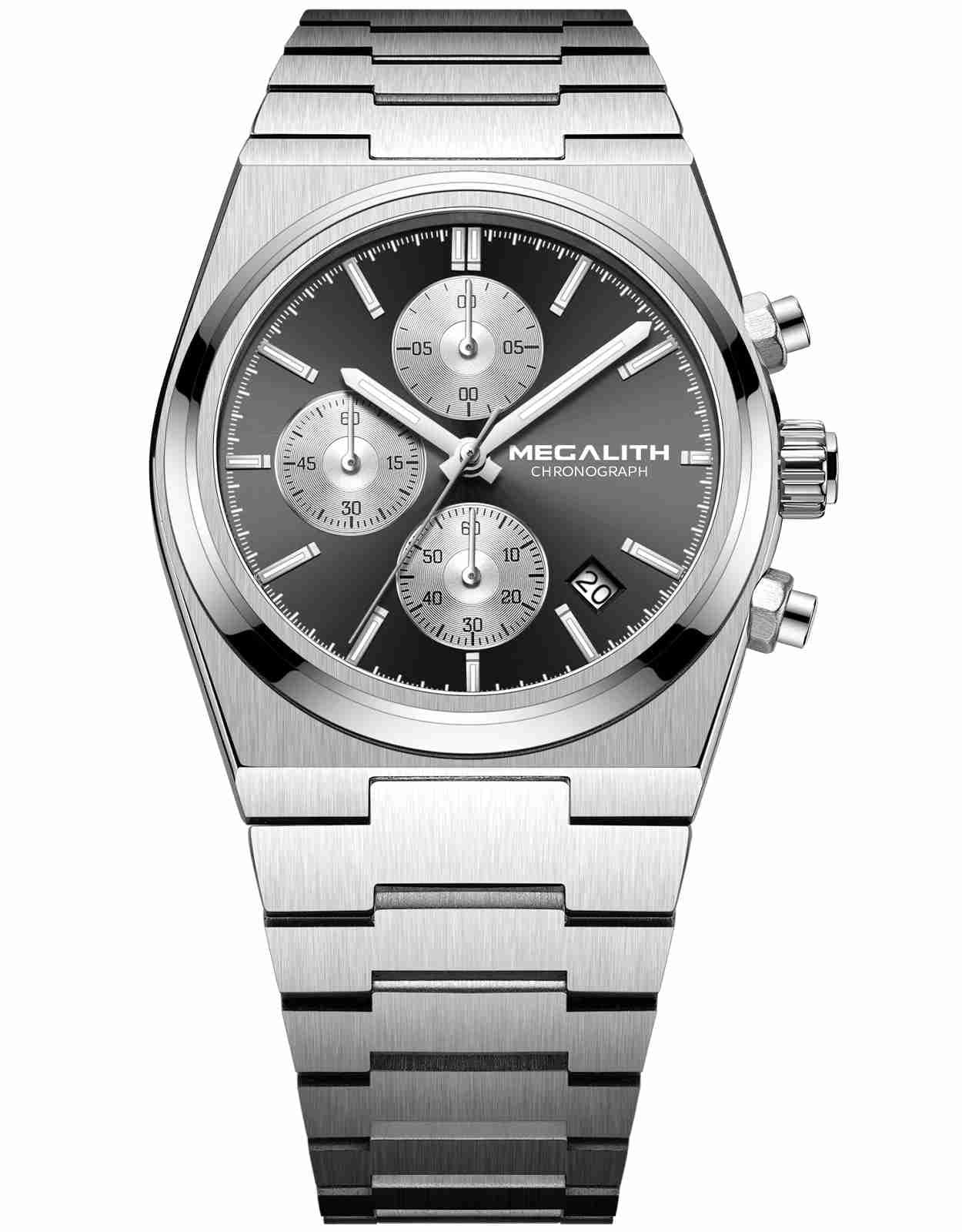 MEGALITH Mens Watches Silver Stainless Steel Chronograph 100M Waterproof Watch for Swimming Diving Analog Quartz Mens Wrist