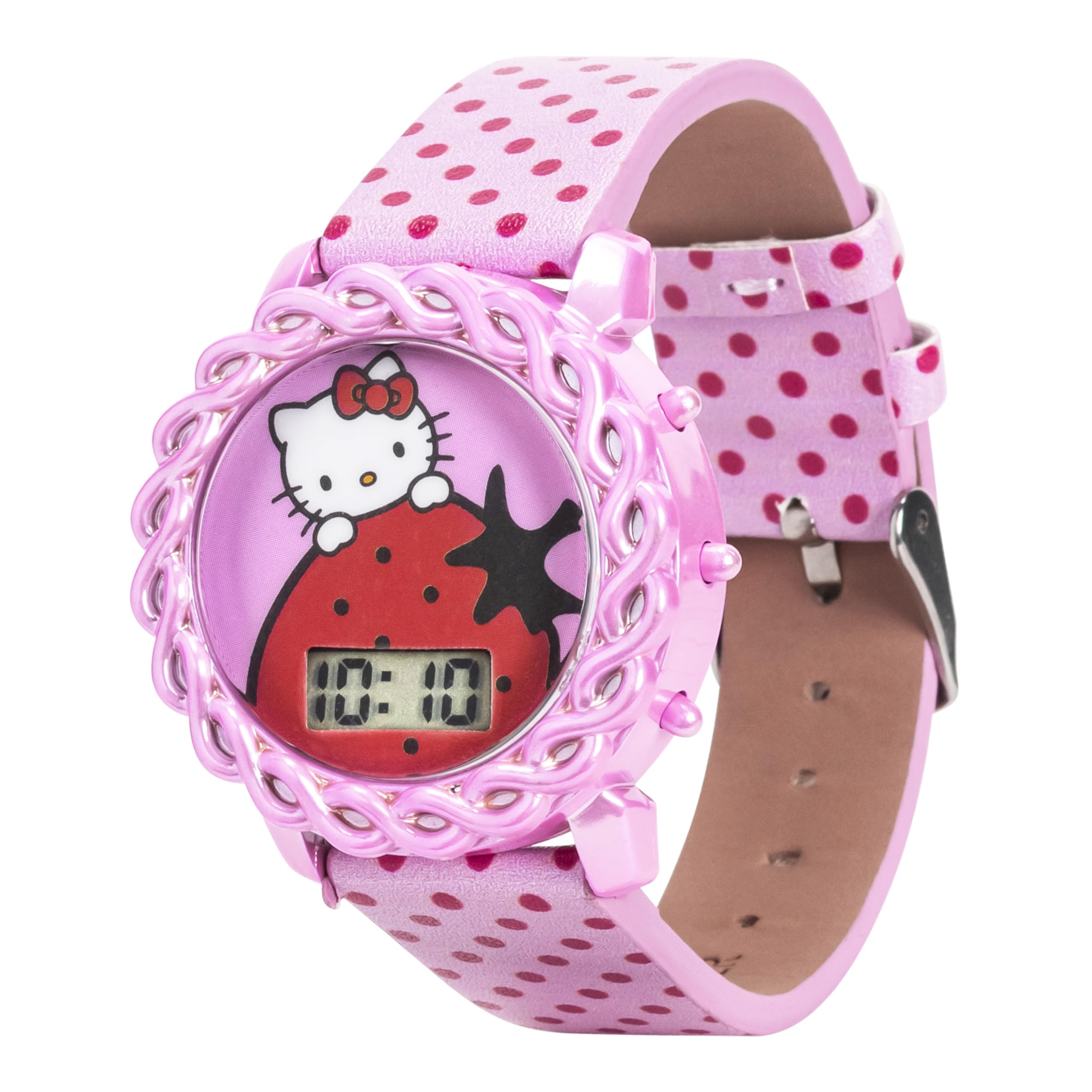 Accutime Hello Kitty Digital LCD Quartz Light Up Kids Pink Watch for Girls with Polka Dot Print Band Strap Model HK4190AZ
