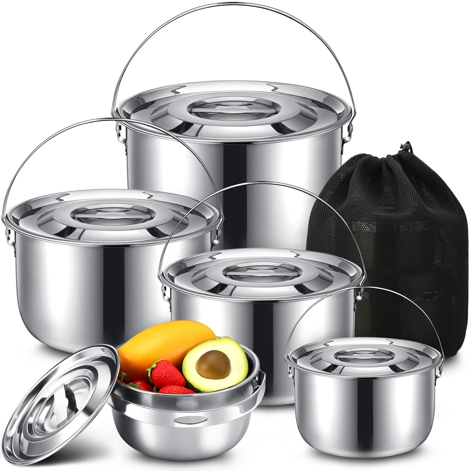 Nuogo 4 Piece Camping Cookware Set 304 Stainless Steel Campfire Pots Compact Pots Set Open Fire Nesting Camping Pots Portable