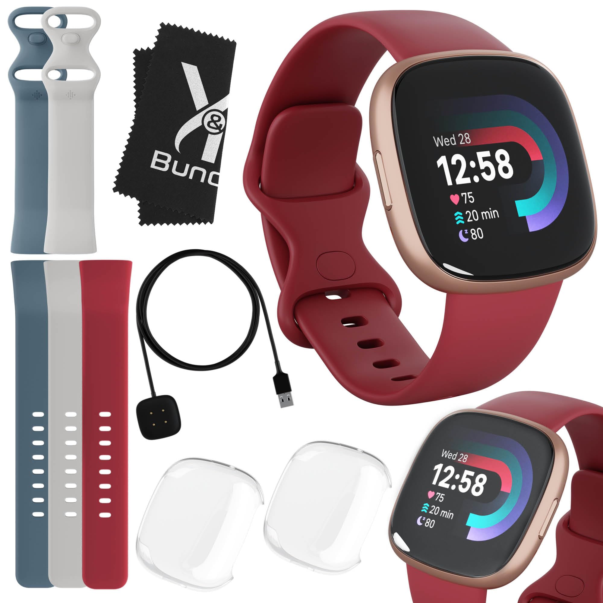 Fitbit Versa 4 Health and Fitness Smart Watch Ruby with GPS 6 Day Battery Life S L Bands - Bundle with Blue and White F